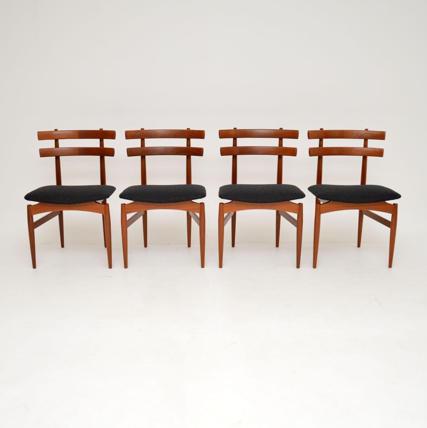 A beautiful and sculptural set of four Danish vintage teak dining chairs, designed by Poul Hundevad for Vamdrup. They were made in Denmark, and date from the 1960’s.

The quality is amazing, with an incredibly crafted and unique design. The curved
