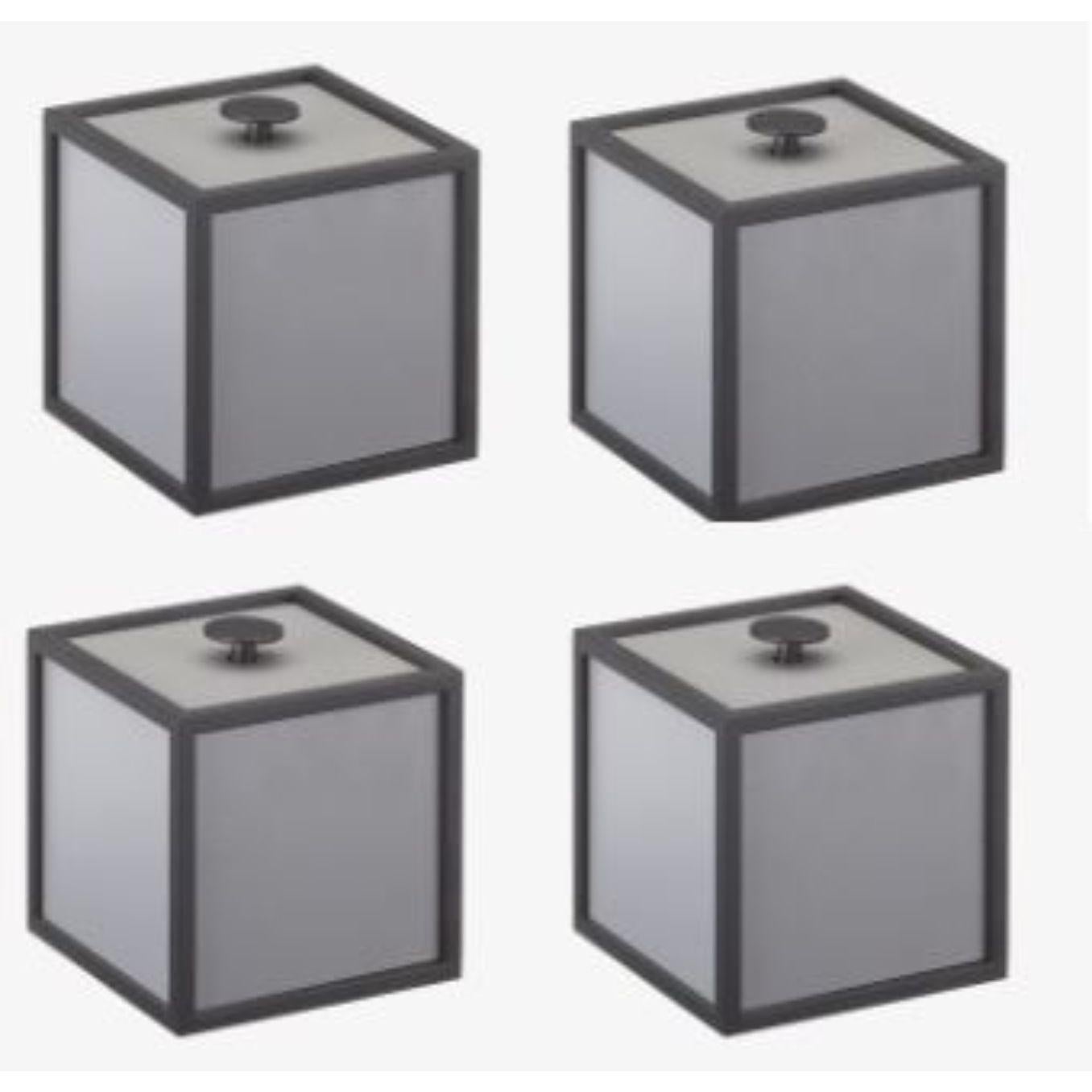 Set of 4 dark grey frame 10 box by Lassen
Dimensions: D 10 x W 10 x H 10 cm 
Materials: finér, melamin, melamine, metal, veneer
Weight: 0.85 Kg

Frame Box is a square box in a cubistic shape. The simple boxes are inspired by the Kubus