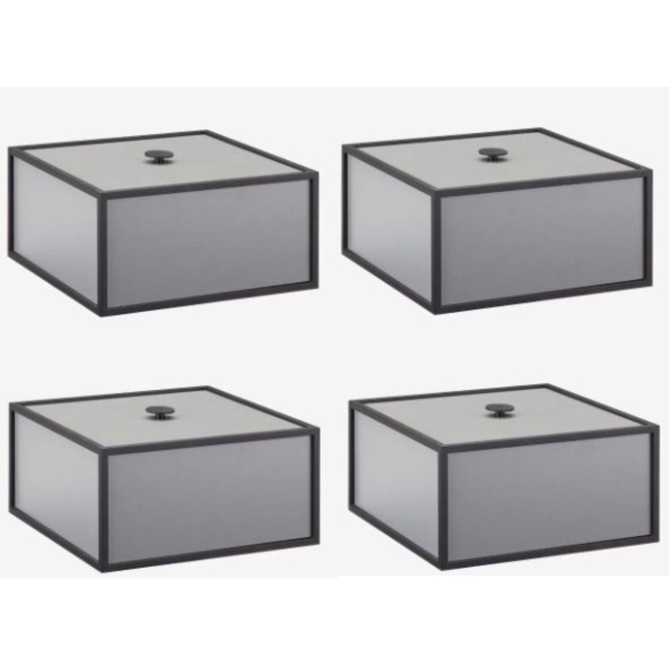 Set of 4 dark grey frame 20 box by Lassen
Dimensions: D 20 x W 20 x H 10 cm 
Materials: melamin, melamine, metal, veneer
Weight: 2.00 Kg

Frame Box is a square box in a cubistic shape. The simple boxes are inspired by the Kubus candleholder by