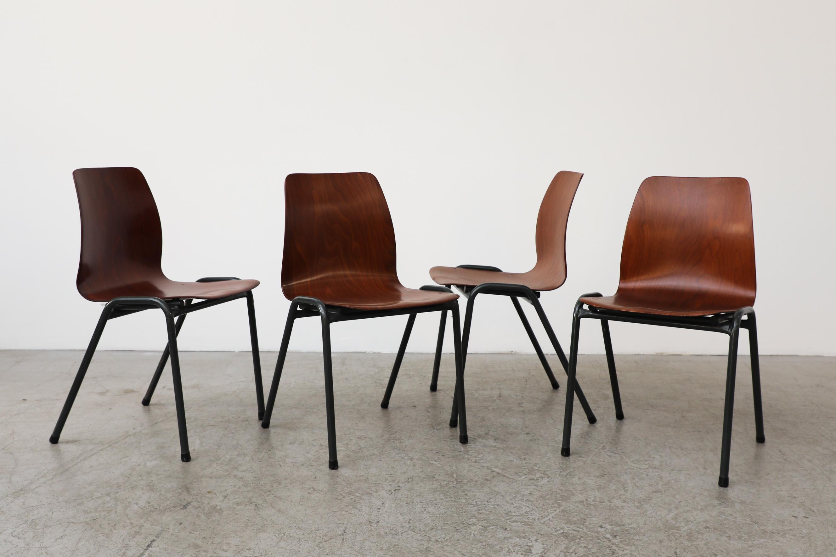 Mid-Century Modern Set of 4 Dark Industrial Stacking Chair with Dark Toned Single Shell Seat For Sale