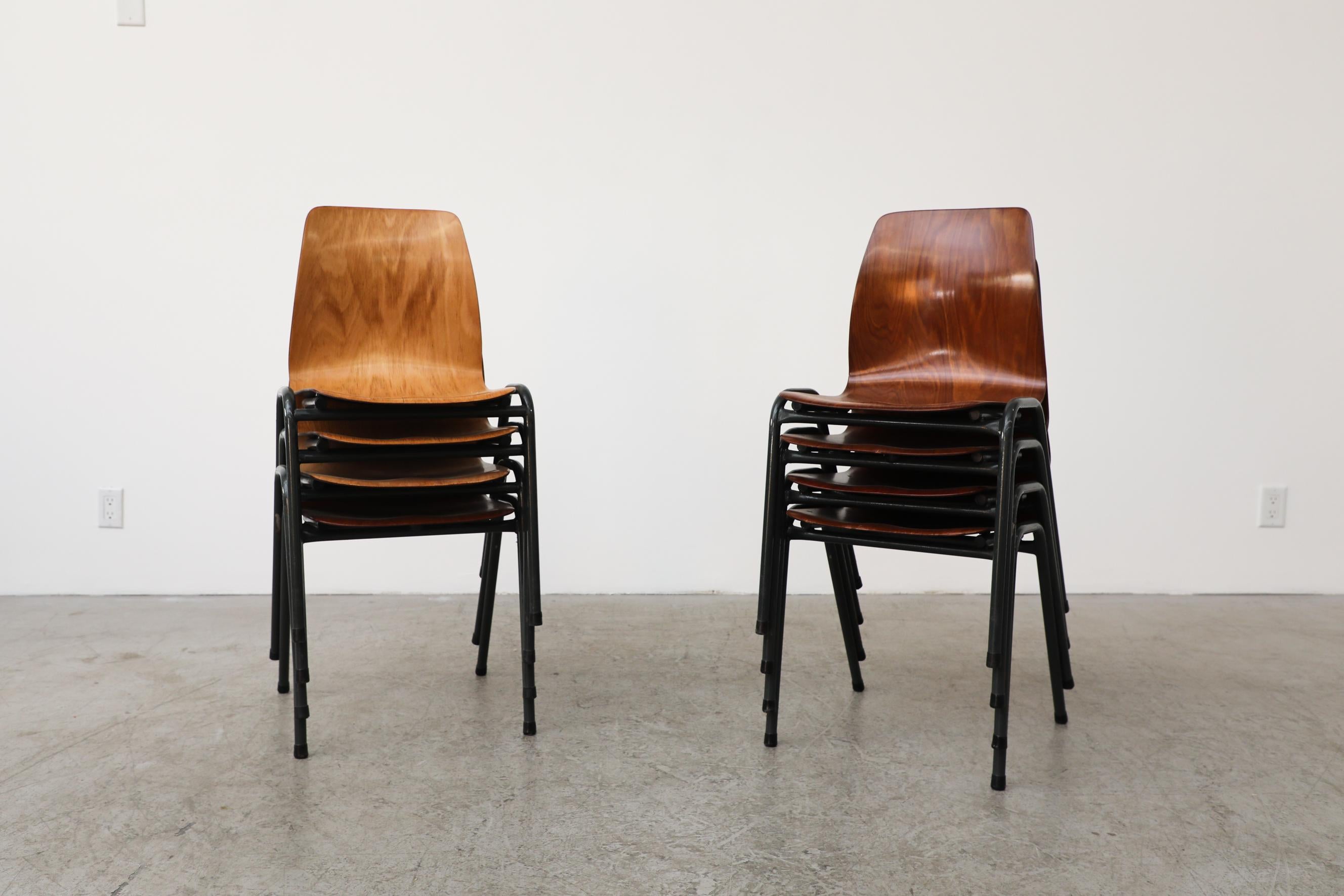 Set of 4 Dark Industrial Stacking Chair with Dark Toned Single Shell Seat In Good Condition For Sale In Los Angeles, CA