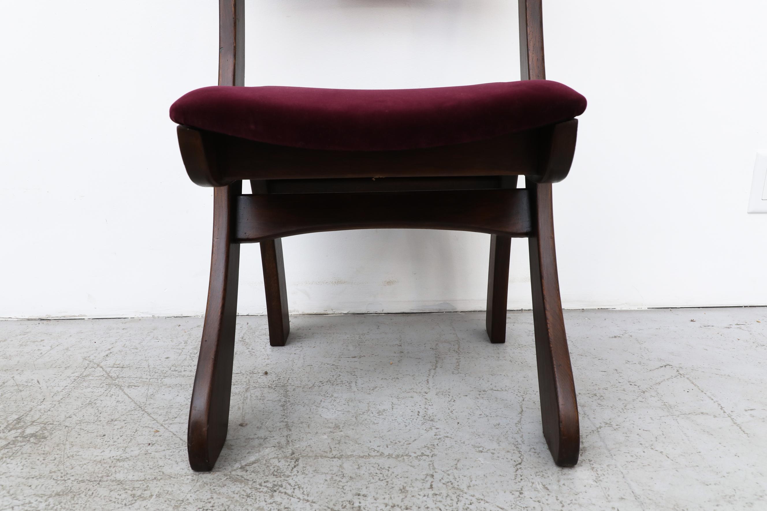 Set of 4 Dark Stained Brutalist Razor Back Chairs with New Burgundy Velvet Seats For Sale 5