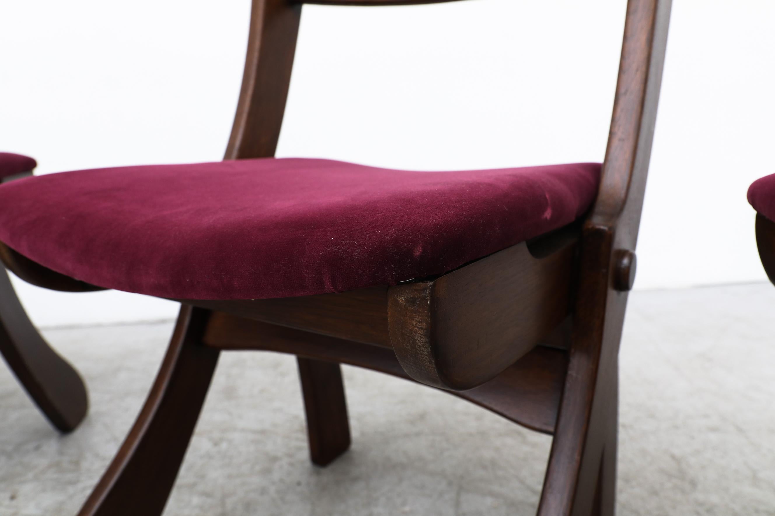 Set of 4 Dark Stained Brutalist Razor Back Chairs with New Burgundy Velvet Seats For Sale 10