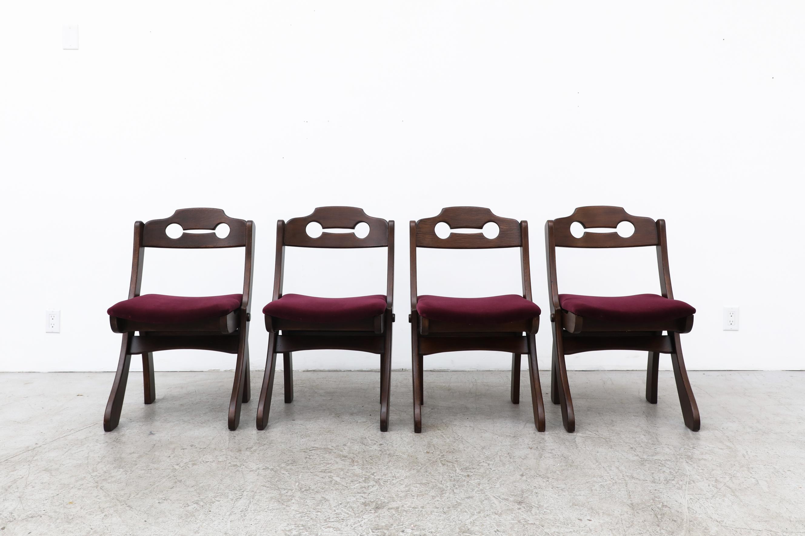 Mid-Century Modern Set of 4 Dark Stained Brutalist Razor Back Chairs with New Burgundy Velvet Seats For Sale