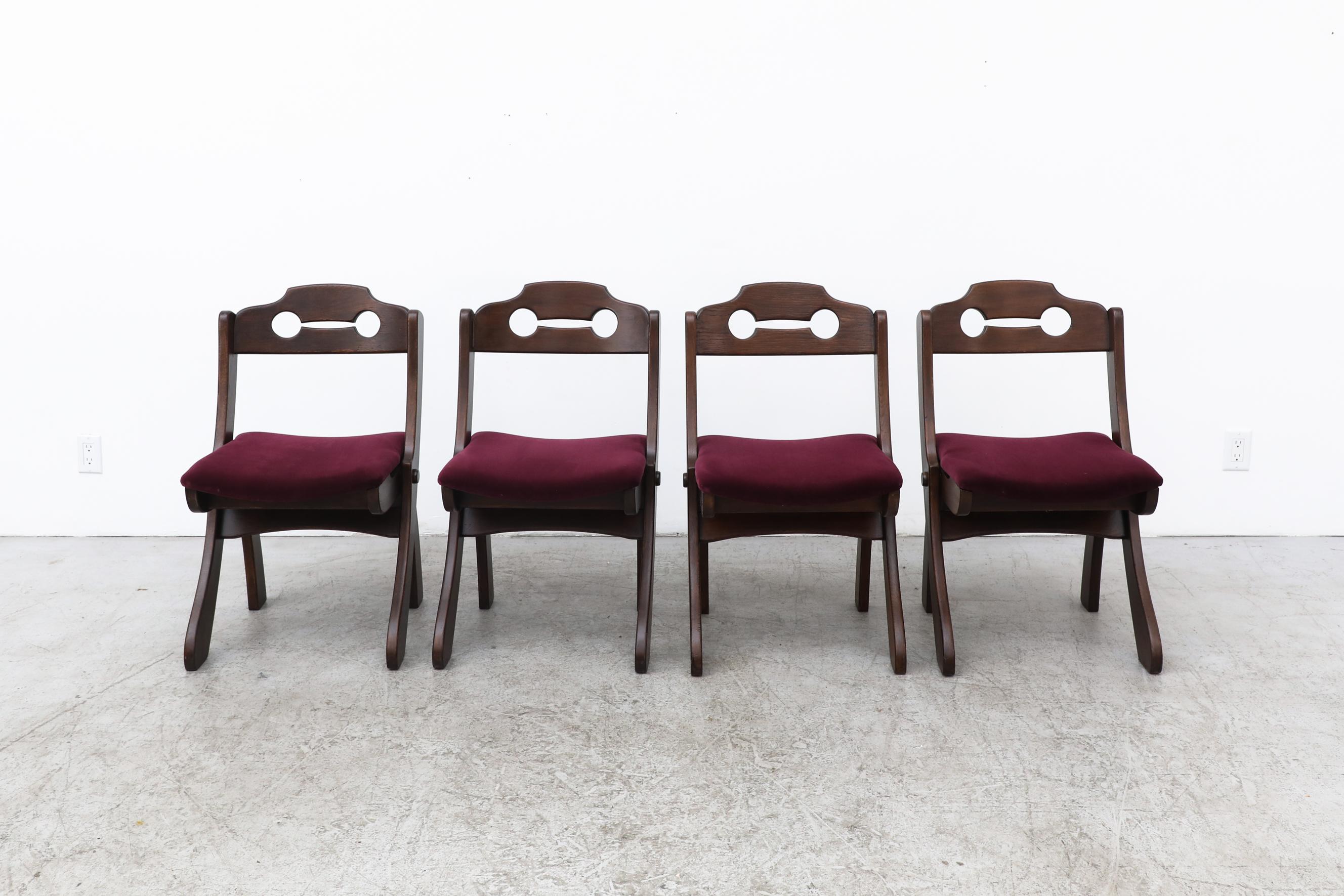 Belgian Set of 4 Dark Stained Brutalist Razor Back Chairs with New Burgundy Velvet Seats For Sale