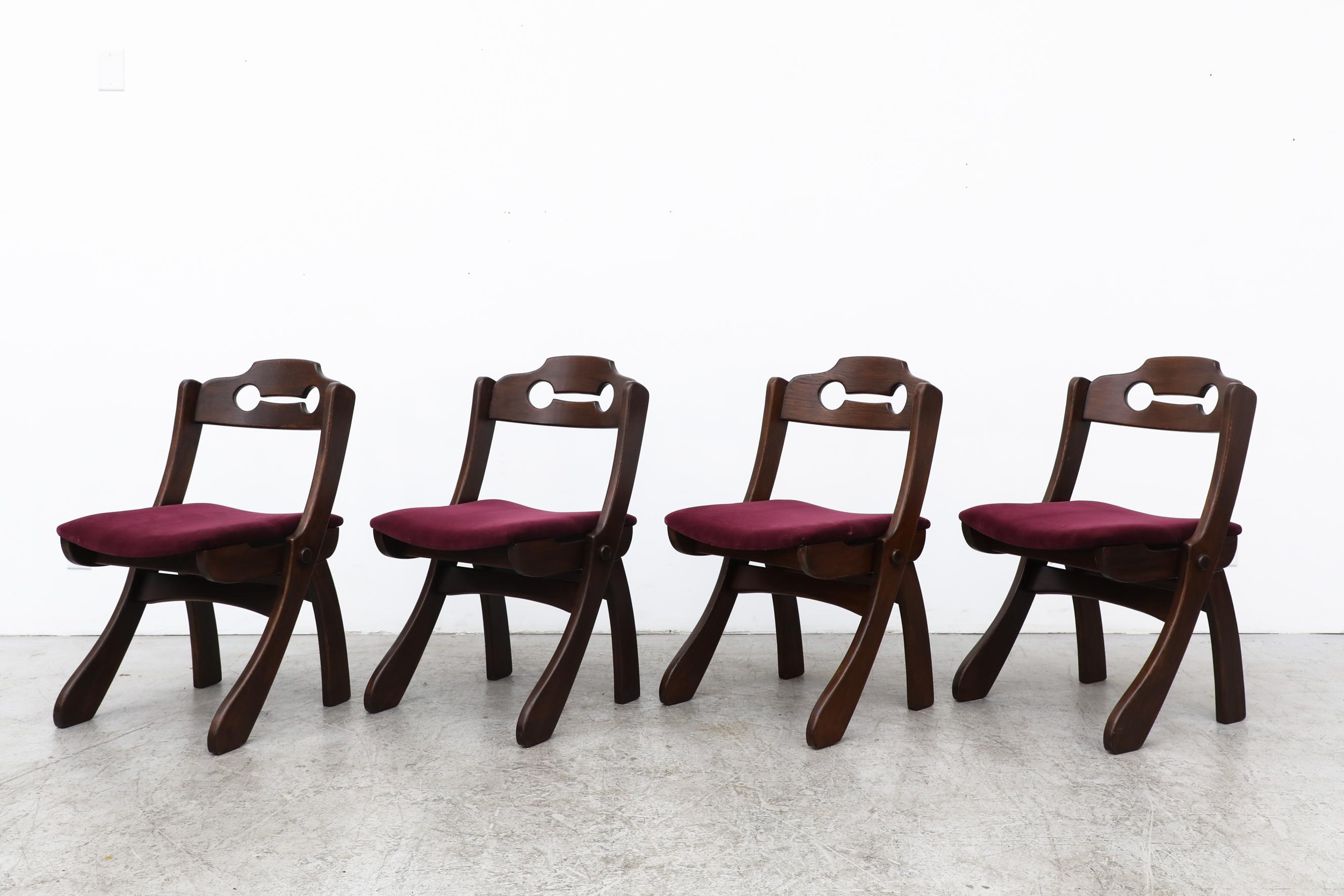 Set of 4 Dark Stained Brutalist Razor Back Chairs with New Burgundy Velvet Seats In Good Condition For Sale In Los Angeles, CA