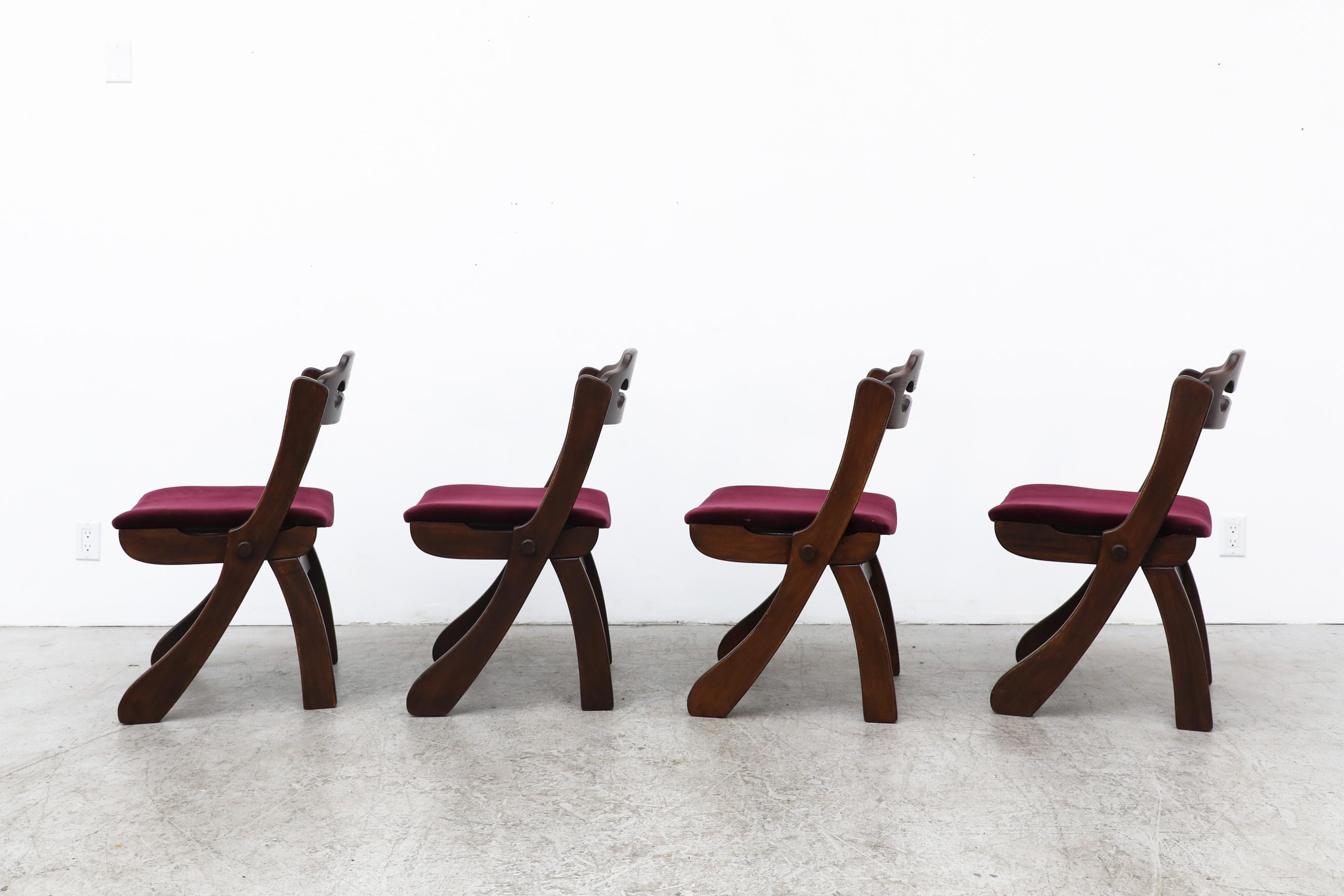 Late 20th Century Set of 4 Dark Stained Brutalist Razor Back Chairs with New Burgundy Velvet Seats For Sale