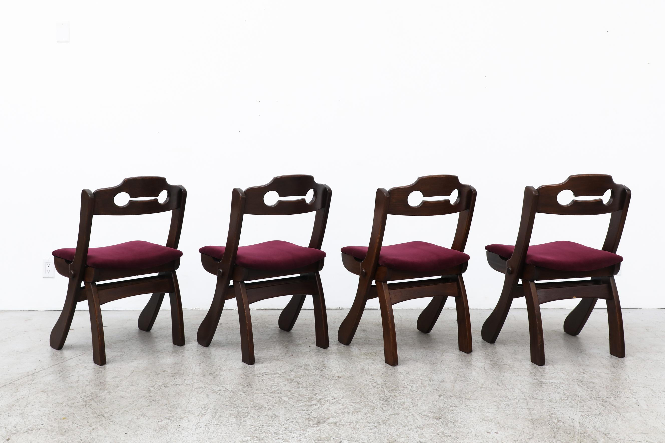 Set of 4 Dark Stained Brutalist Razor Back Chairs with New Burgundy Velvet Seats For Sale 1