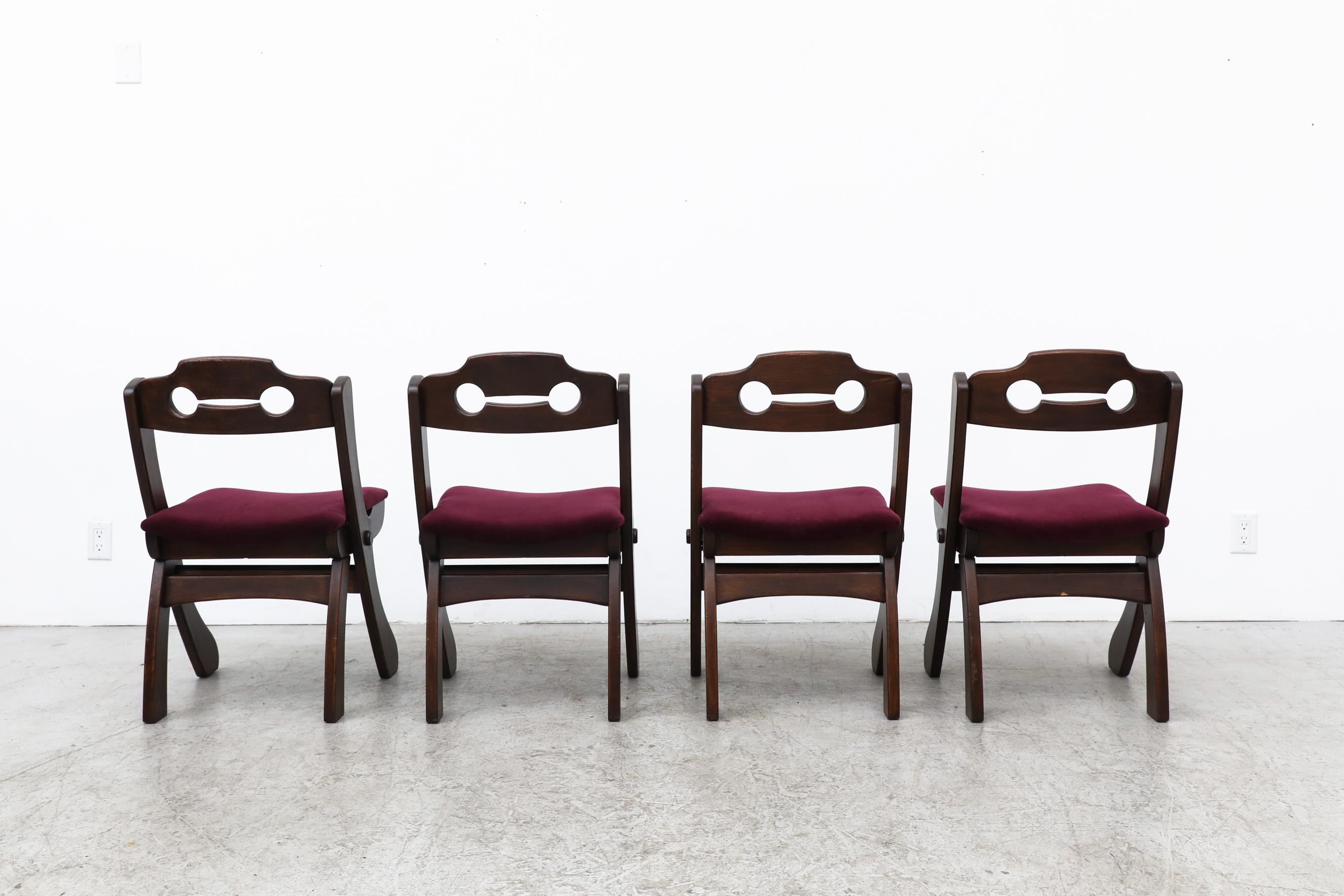 Set of 4 Dark Stained Brutalist Razor Back Chairs with New Burgundy Velvet Seats For Sale 2