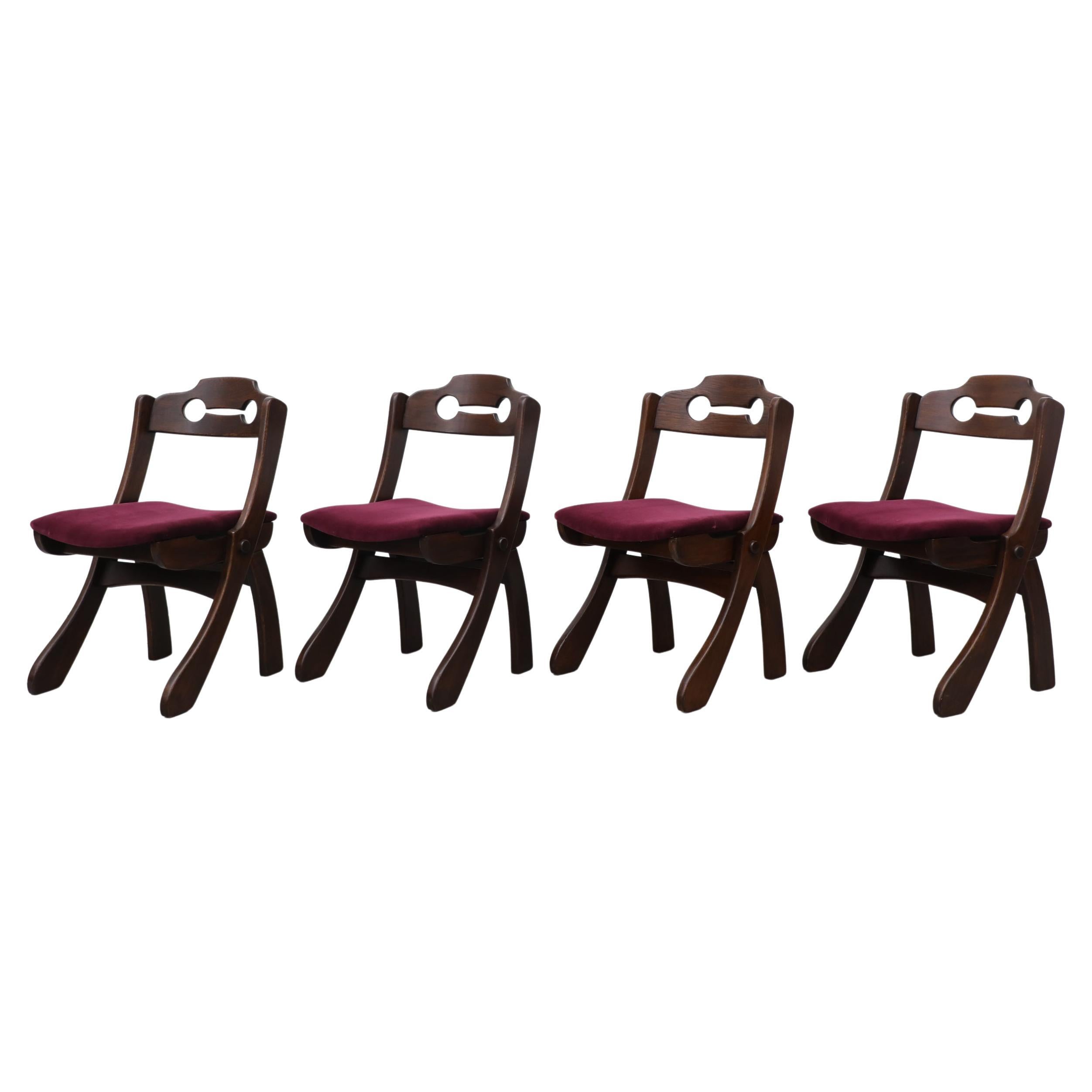 Set of 4 Dark Stained Brutalist Razor Back Chairs with New Burgundy Velvet Seats For Sale