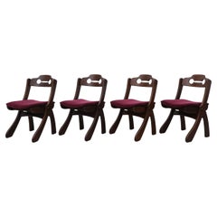 Set of 4 Dark Stained Brutalist Razor Back Chairs with New Burgundy Velvet Seats
