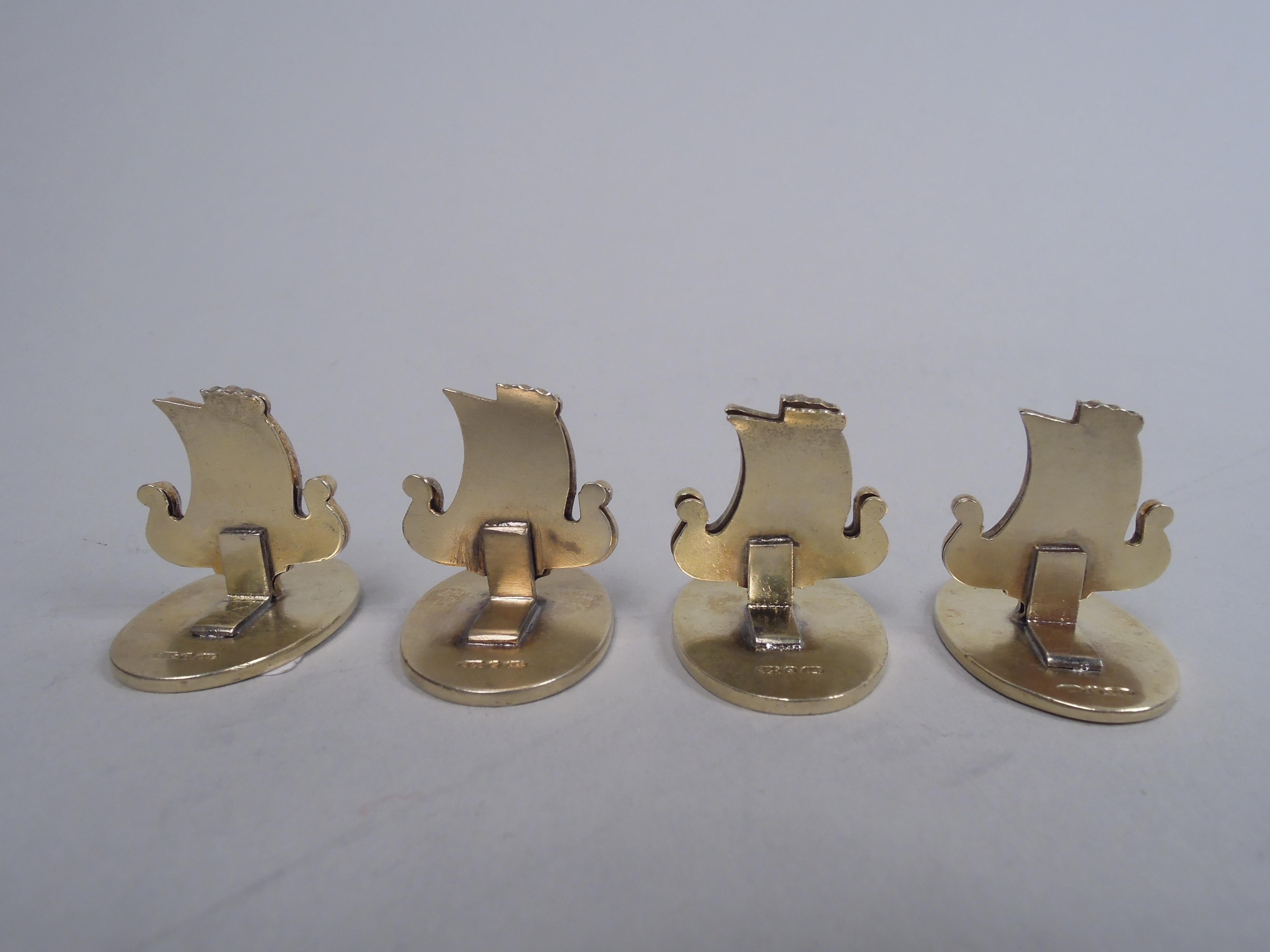 Arts and Crafts Set of 4 David Andersen Enameled Viking Longship Place Card Holders For Sale