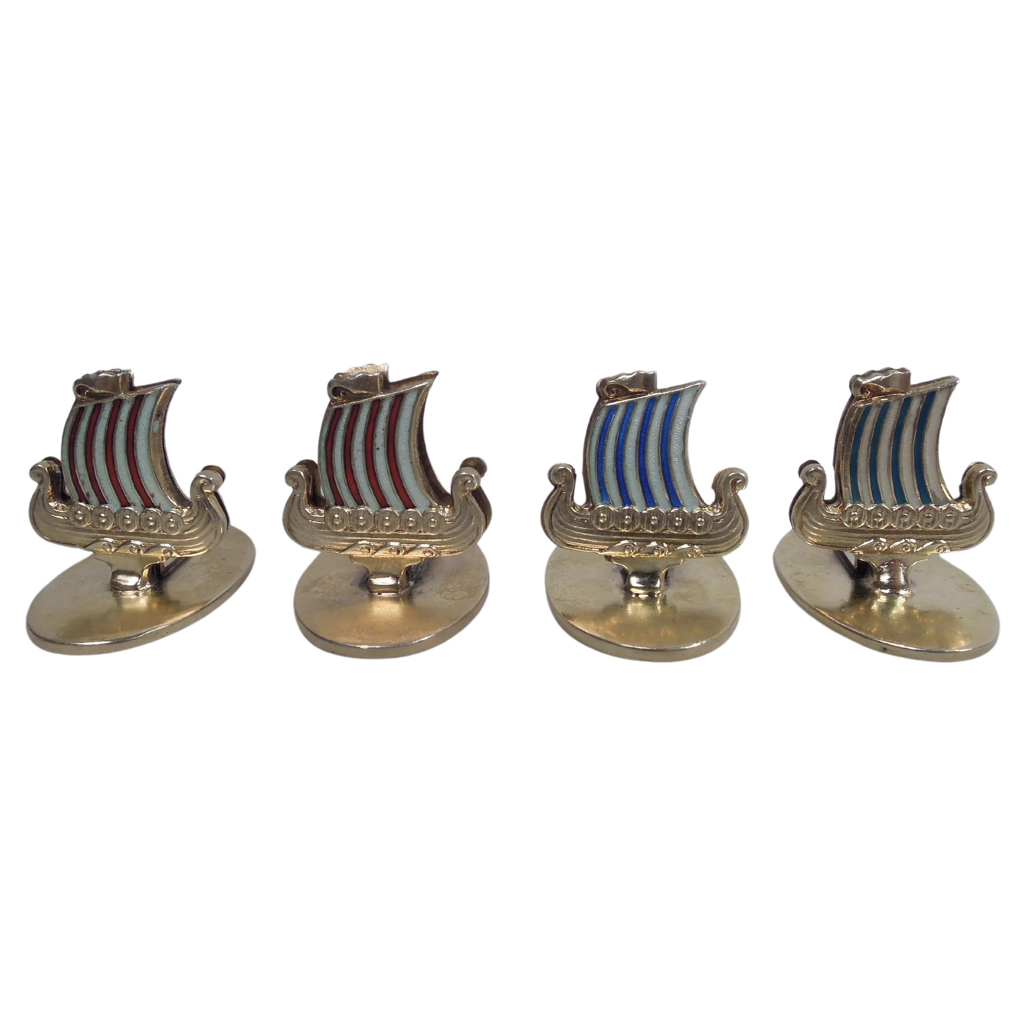 Set of 4 David Andersen Enameled Viking Longship Place Card Holders For Sale