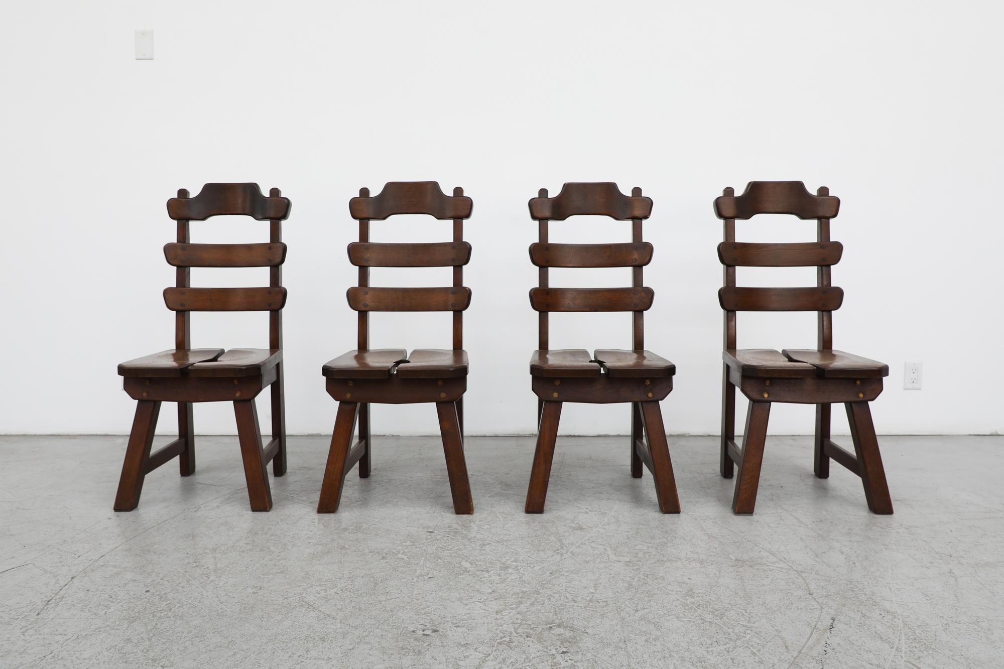 Mid-Century Modern Set of 4 De Puydt (attr) Brutalist Dark Stained Oak Ladder Back Chairs For Sale