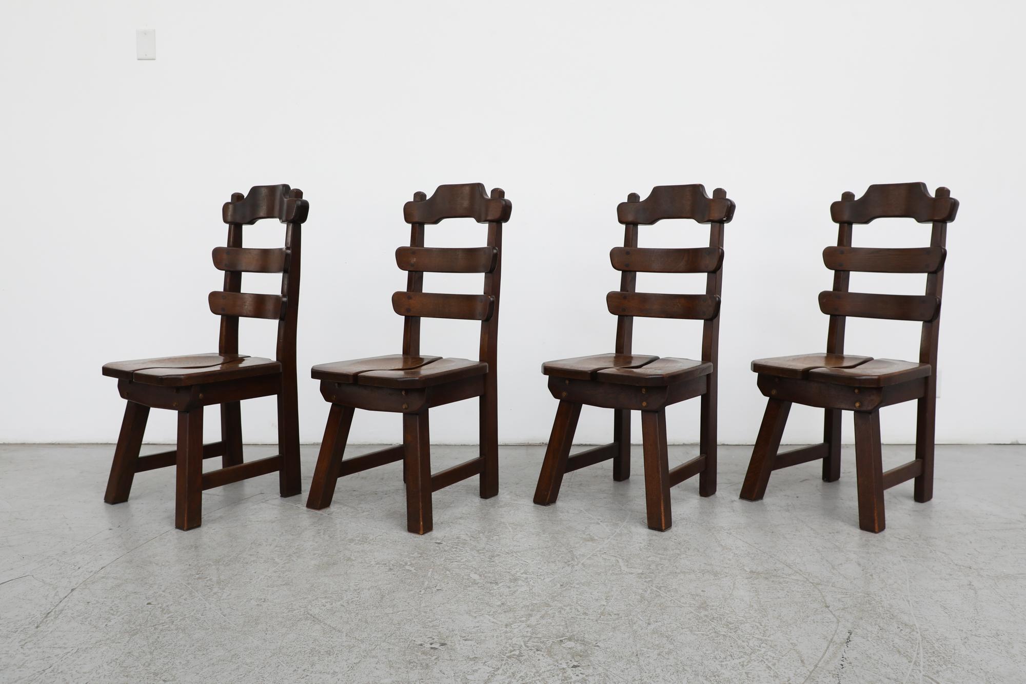 Belgian Set of 4 De Puydt (attr) Brutalist Dark Stained Oak Ladder Back Chairs For Sale