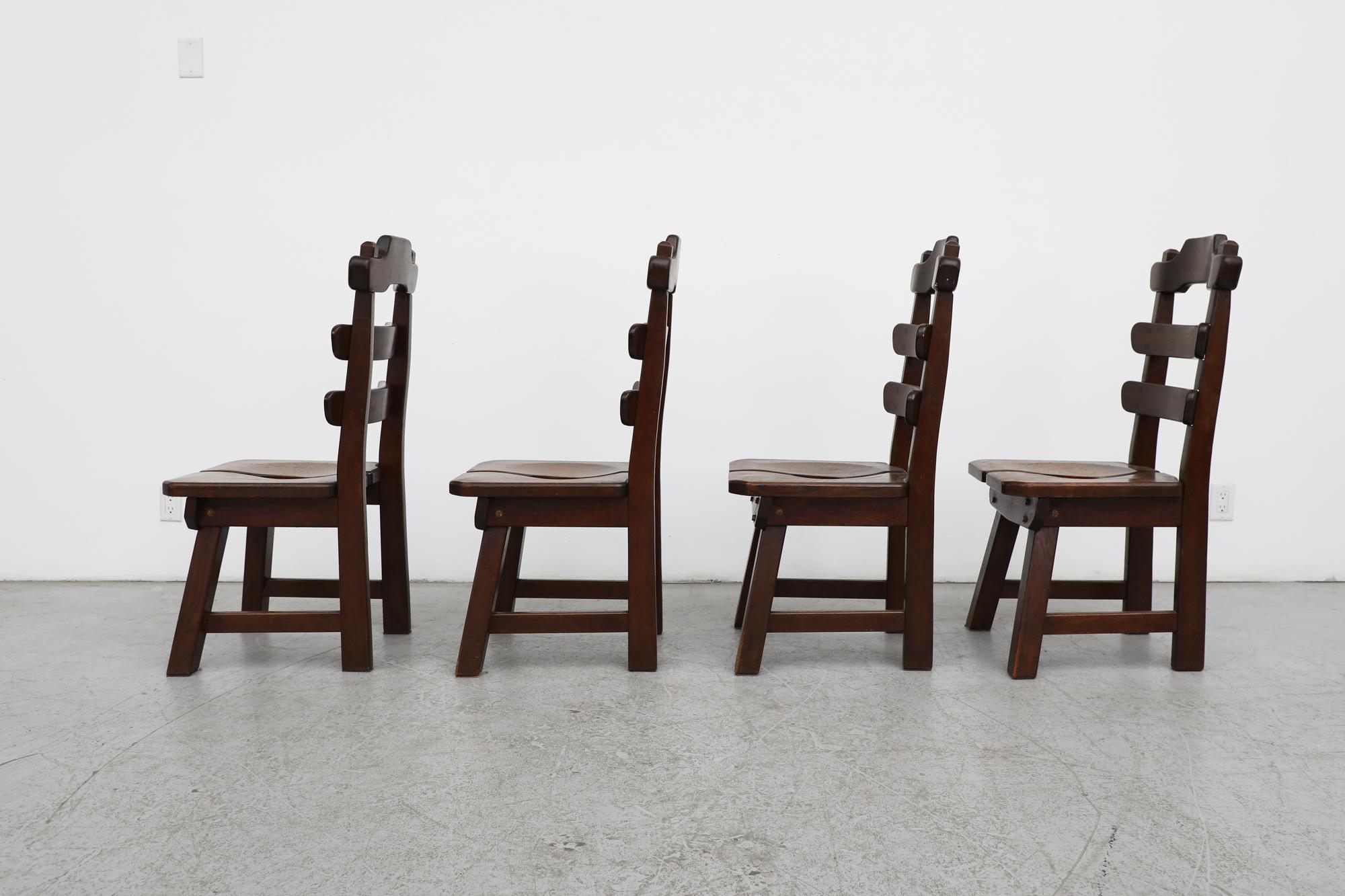 Set of 4 De Puydt (attr) Brutalist Dark Stained Oak Ladder Back Chairs In Good Condition For Sale In Los Angeles, CA