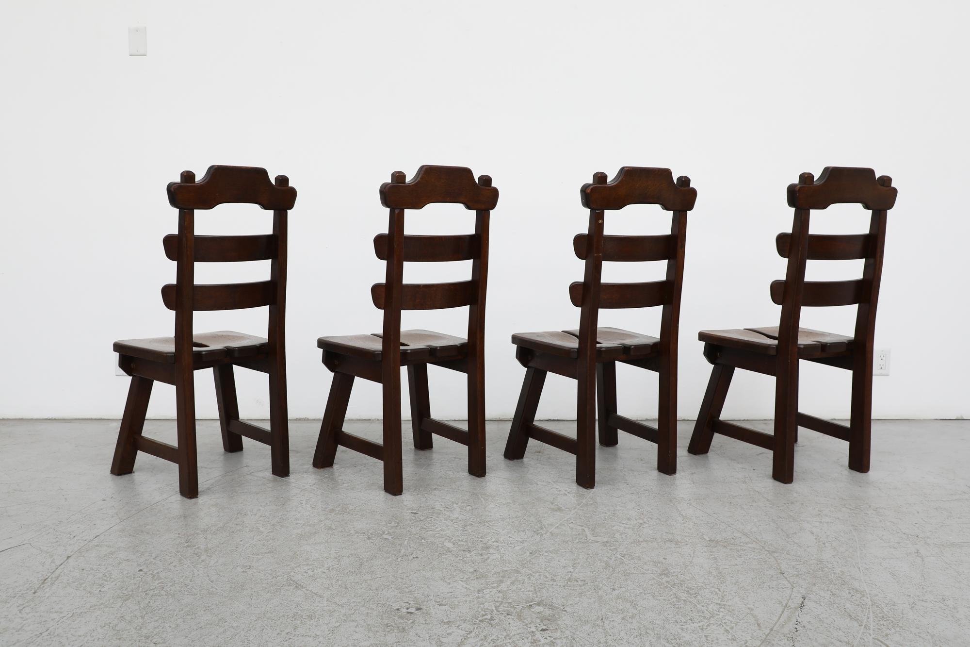 Mid-20th Century Set of 4 De Puydt (attr) Brutalist Dark Stained Oak Ladder Back Chairs For Sale