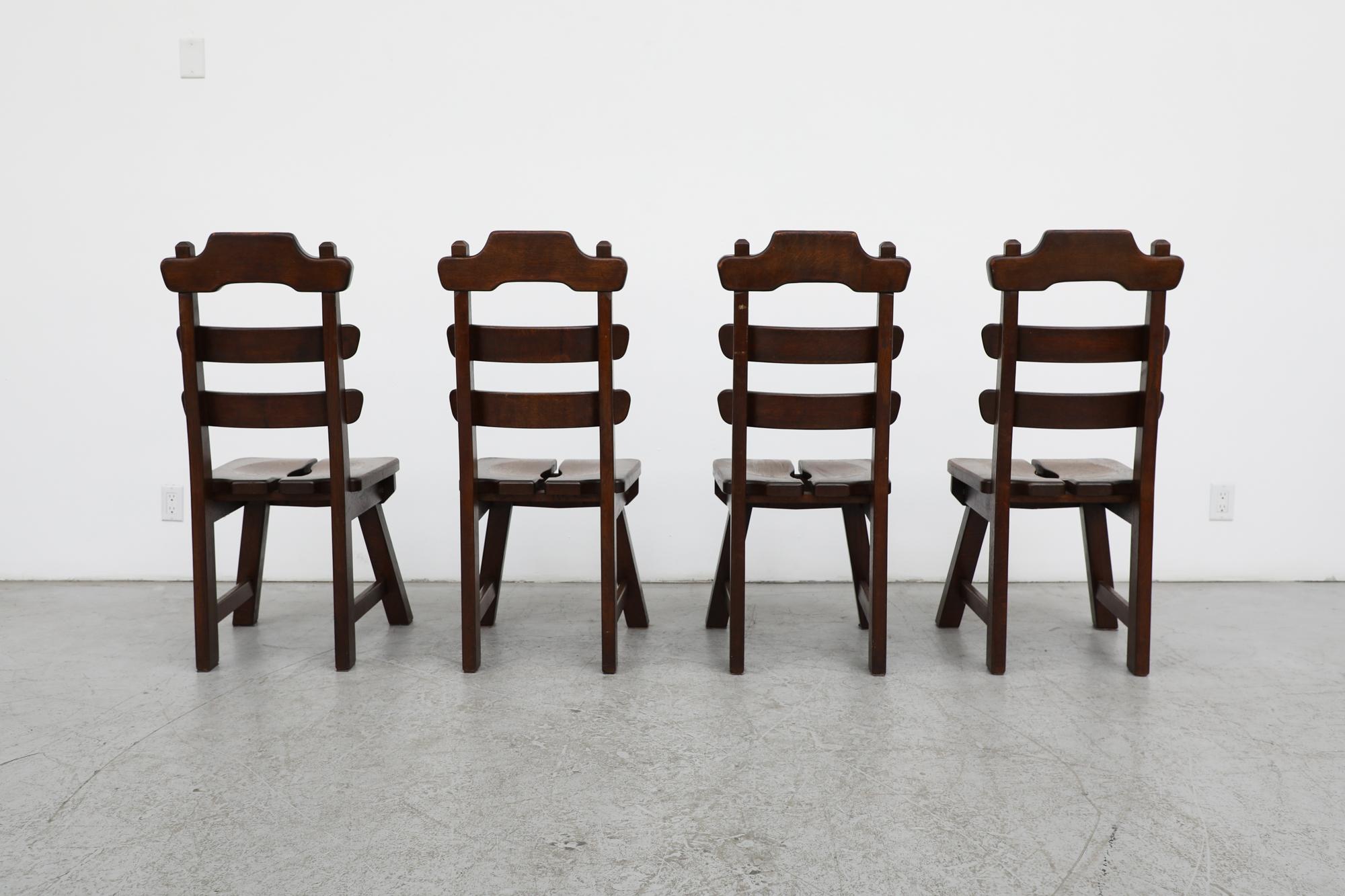 Set of 4 De Puydt (attr) Brutalist Dark Stained Oak Ladder Back Chairs For Sale 1