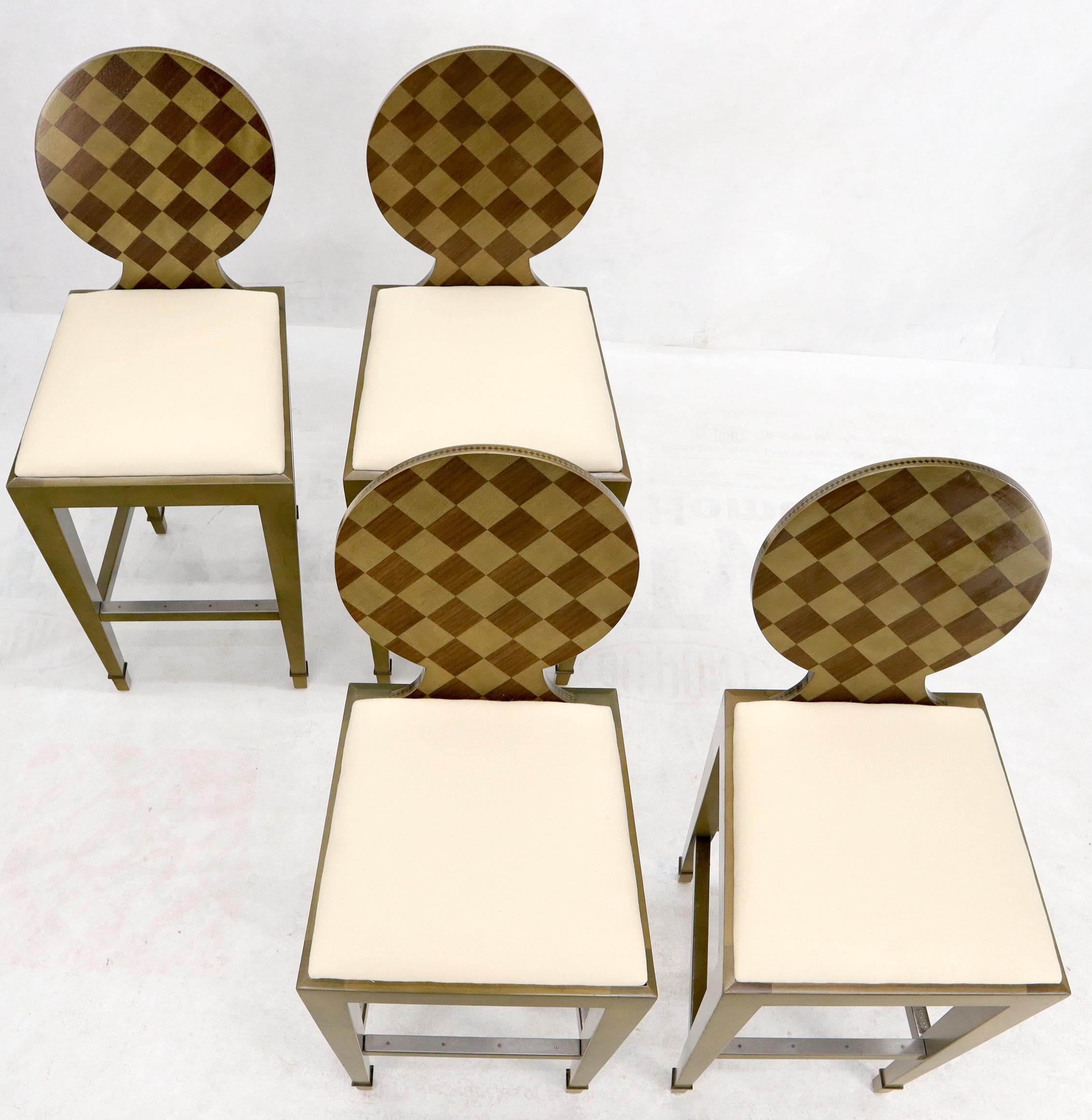 Set of four Mid-Century Modern Memphis style bar stools with newly upholstered seats. Good quality decorative bar stools from from c.1990s.