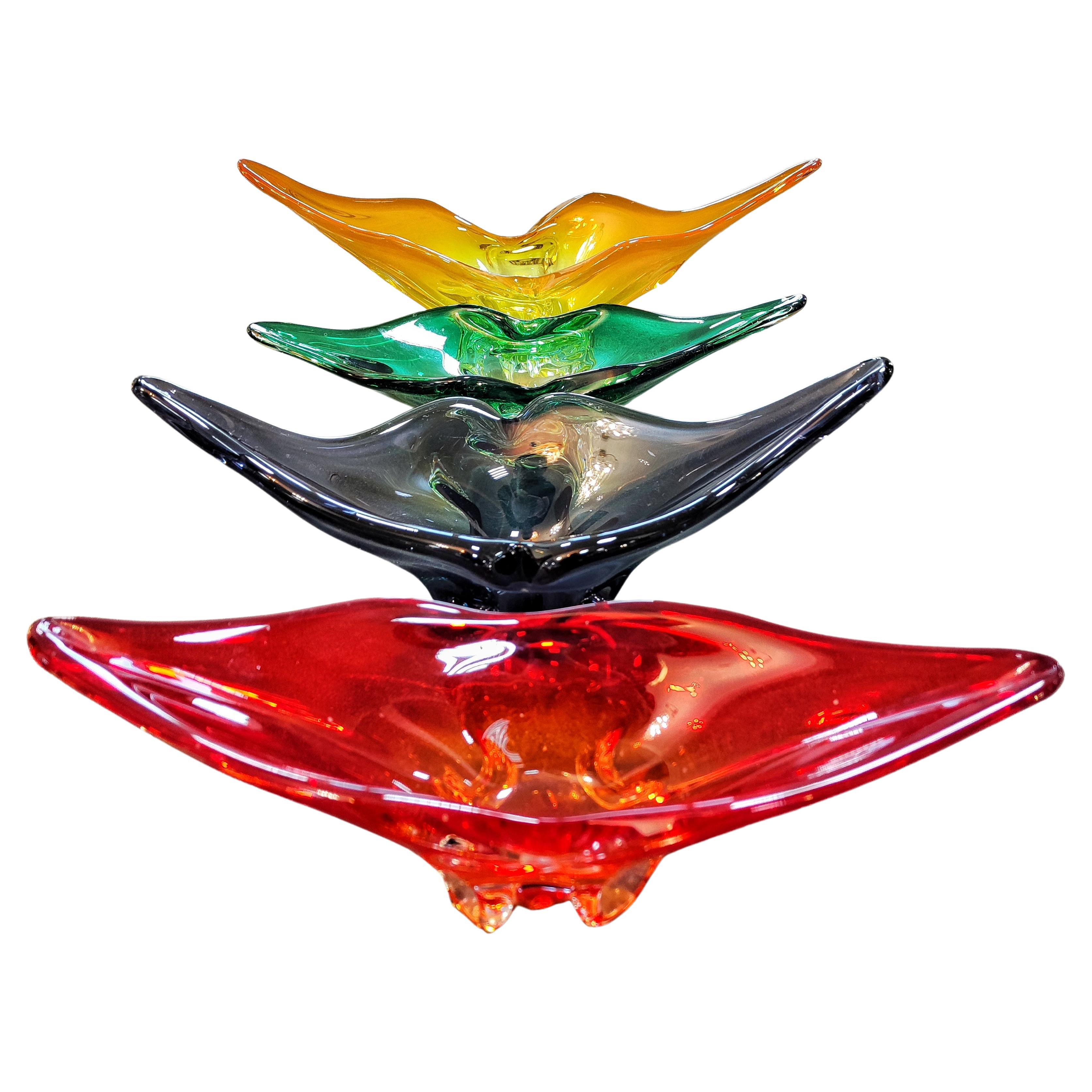 Set of 4 Decorative Glass Fruit Bowls by Josef Hospodka, Czechoslovakia, 1970s