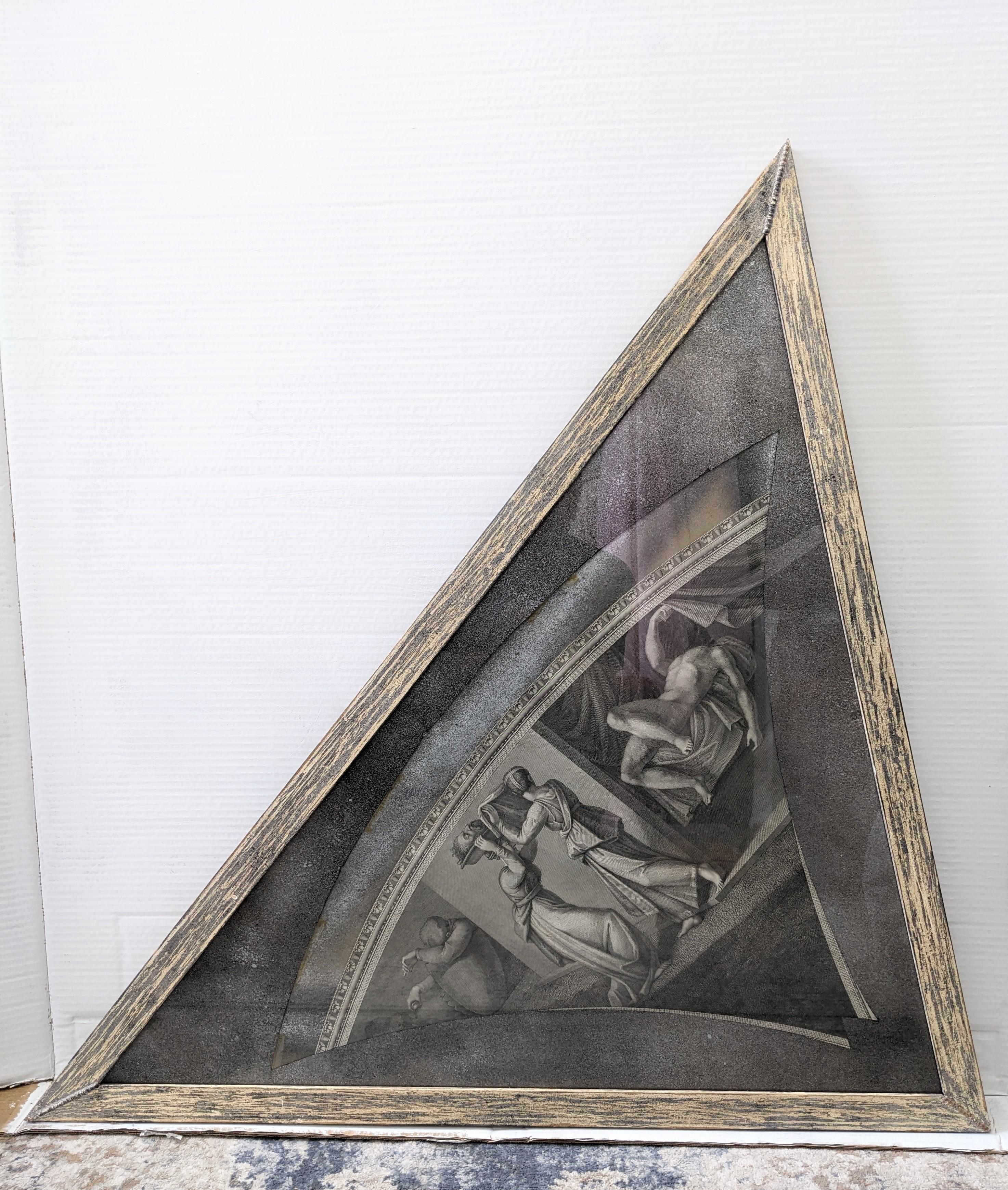 Set of 4 Striking Decorative Neoclassical Framed Panels from the 1980's. Triangular shaped frames under glass with Neoclassical prints encased. Wood frames are faux limed in grey and off white. Fan shaped mats are spray painted in black and silver