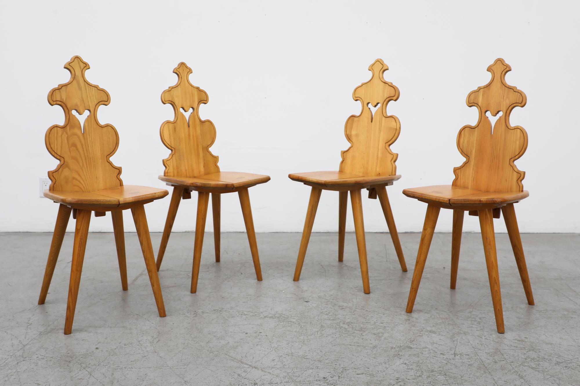 Set of 4 Tyrolean Style Blonde Brutalist Chairs w/ Hand Carved Decorative Back For Sale 7