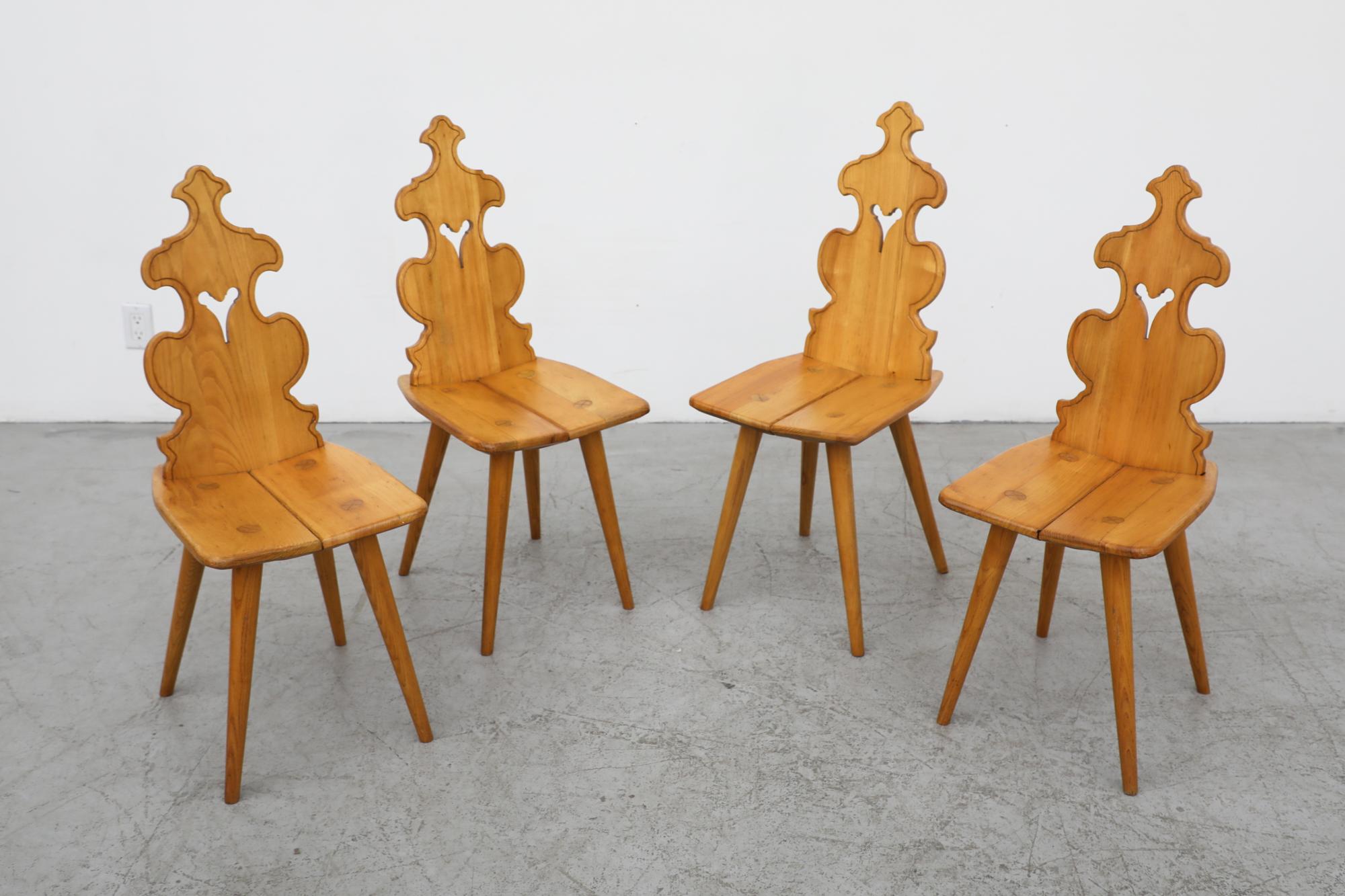 Polish Set of 4 Tyrolean Style Blonde Brutalist Chairs w/ Hand Carved Decorative Back For Sale