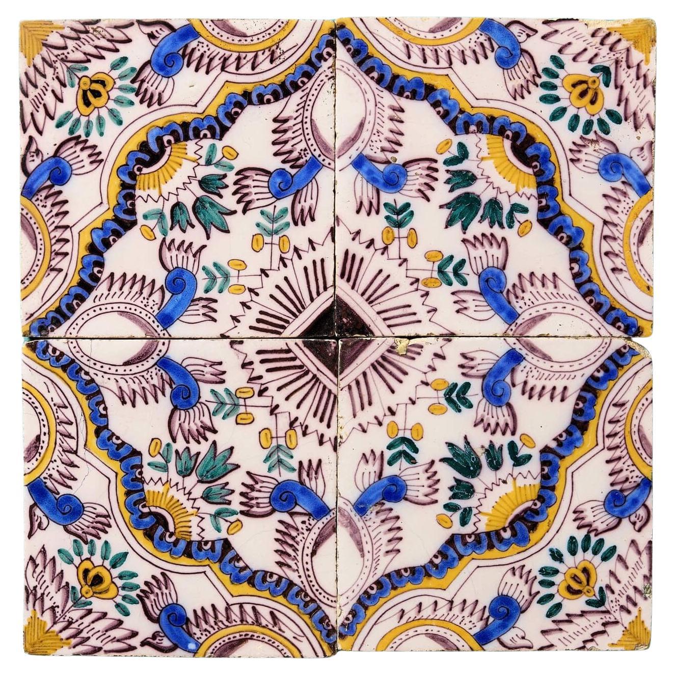 Set of 4 Delft English Chintz Polychrome Wall Tiles