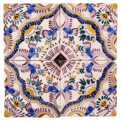 Antique Set of 4 Delft English Chintz Polychrome Wall Tiles