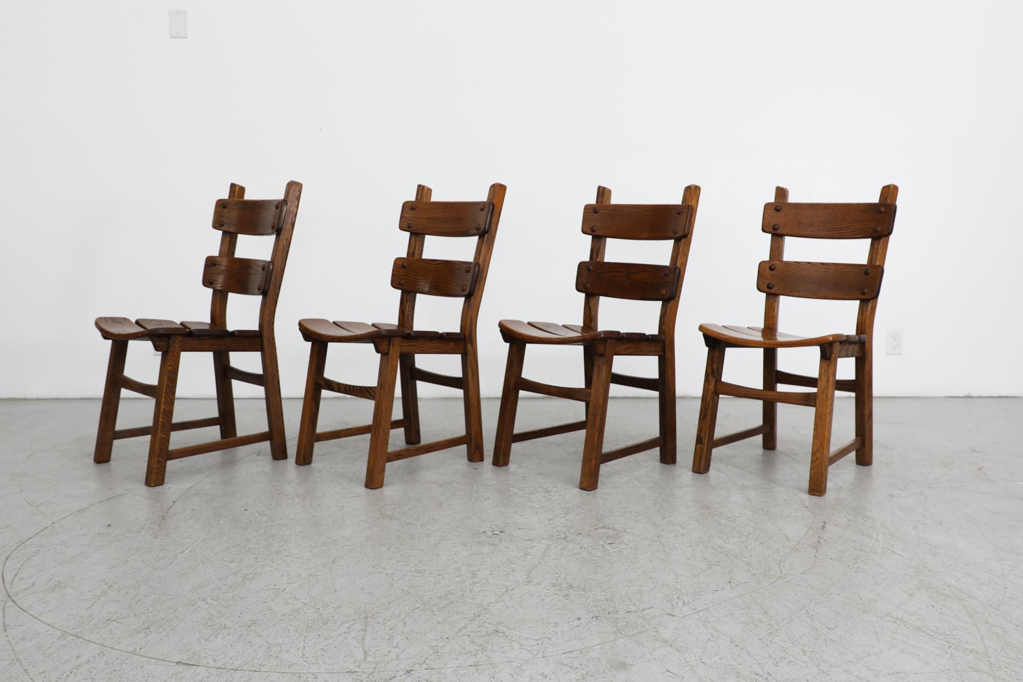 Mid-Century Modern Ensemble de 4 chaises de salle à manger DePuydt Brutalist en Oak Oak à dossier en échelle en vente