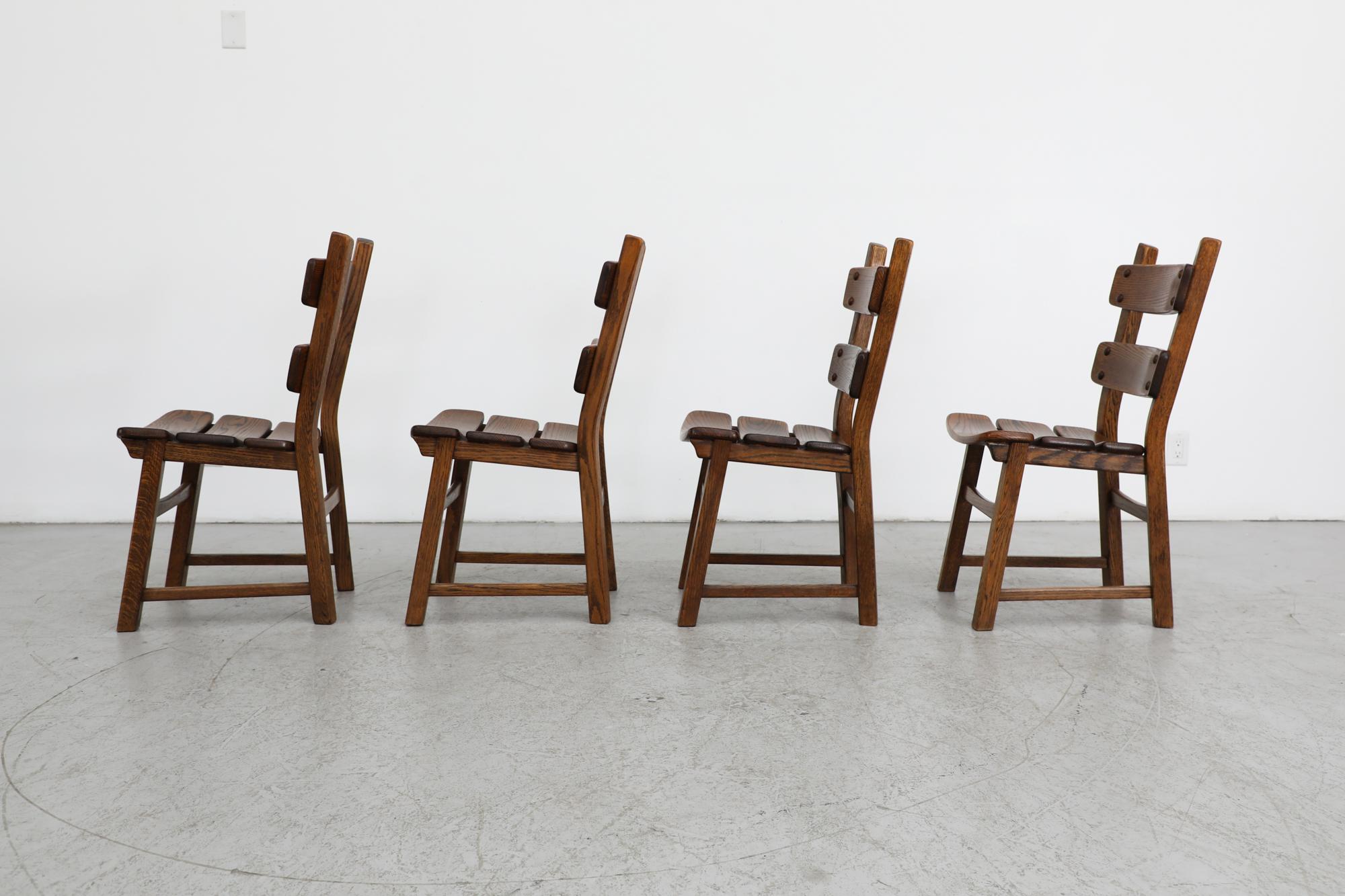 Belgian Set of 4 DePuydt Brutalist Oak Ladder Back Dining Chairs For Sale