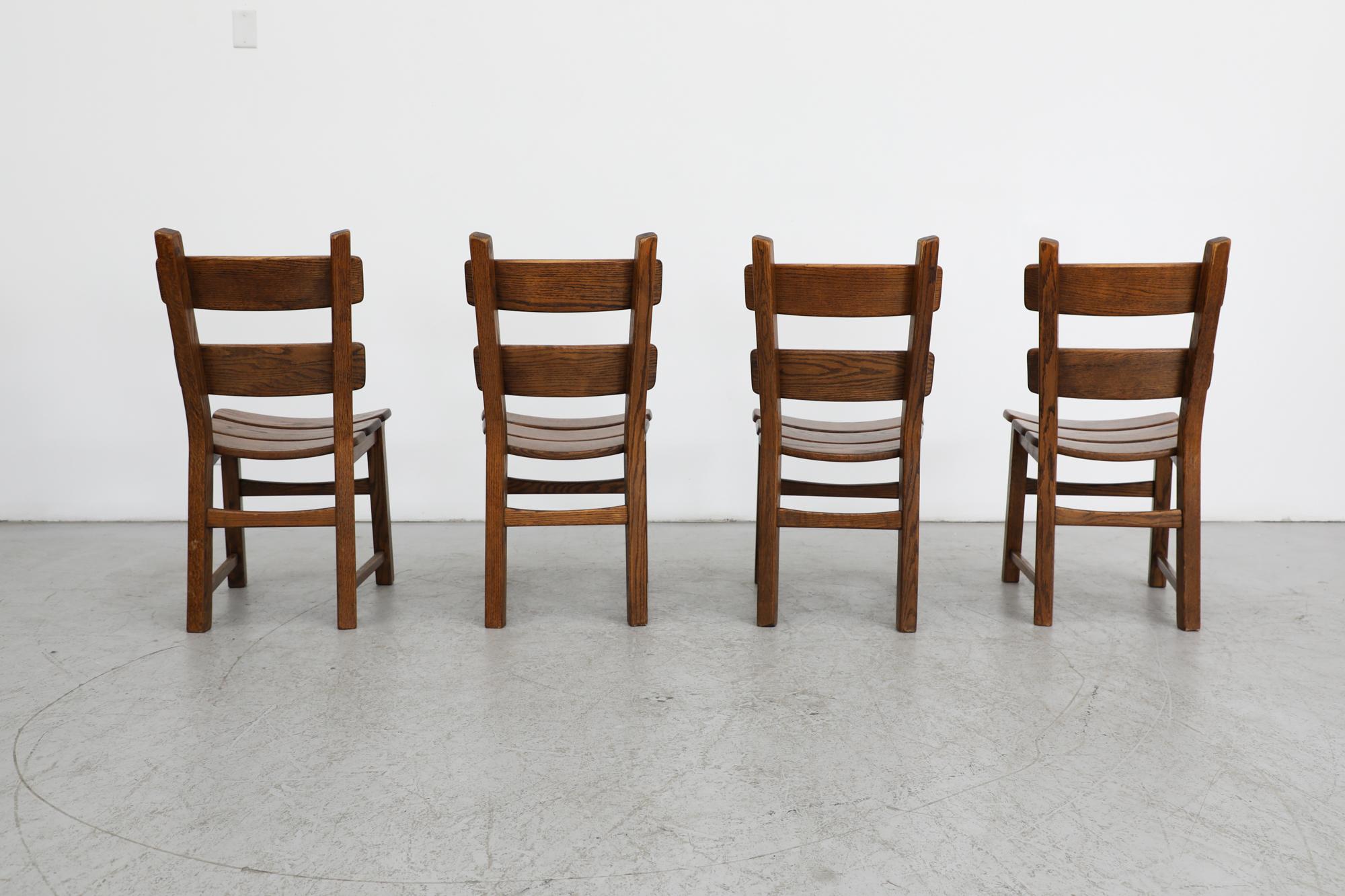 Mid-20th Century Set of 4 1960s De Puydt Style Brutalist Oak Ladder Back Dining Chairs For Sale