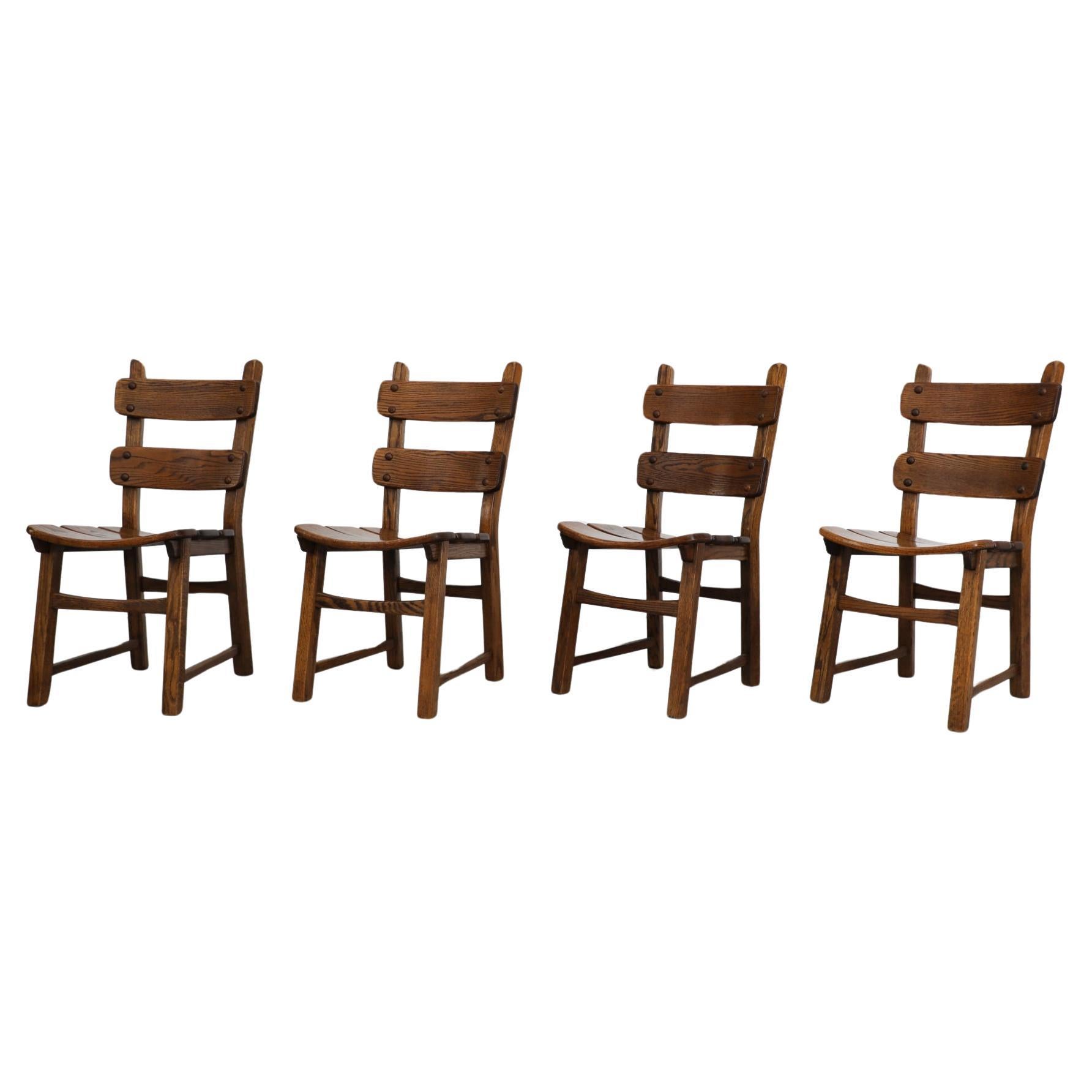 Set of 4 1960s De Puydt Style Brutalist Oak Ladder Back Dining Chairs