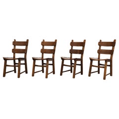 Set of Four 1960s De Puydt Style Brutalist Oak Ladder Back Dining Chairs