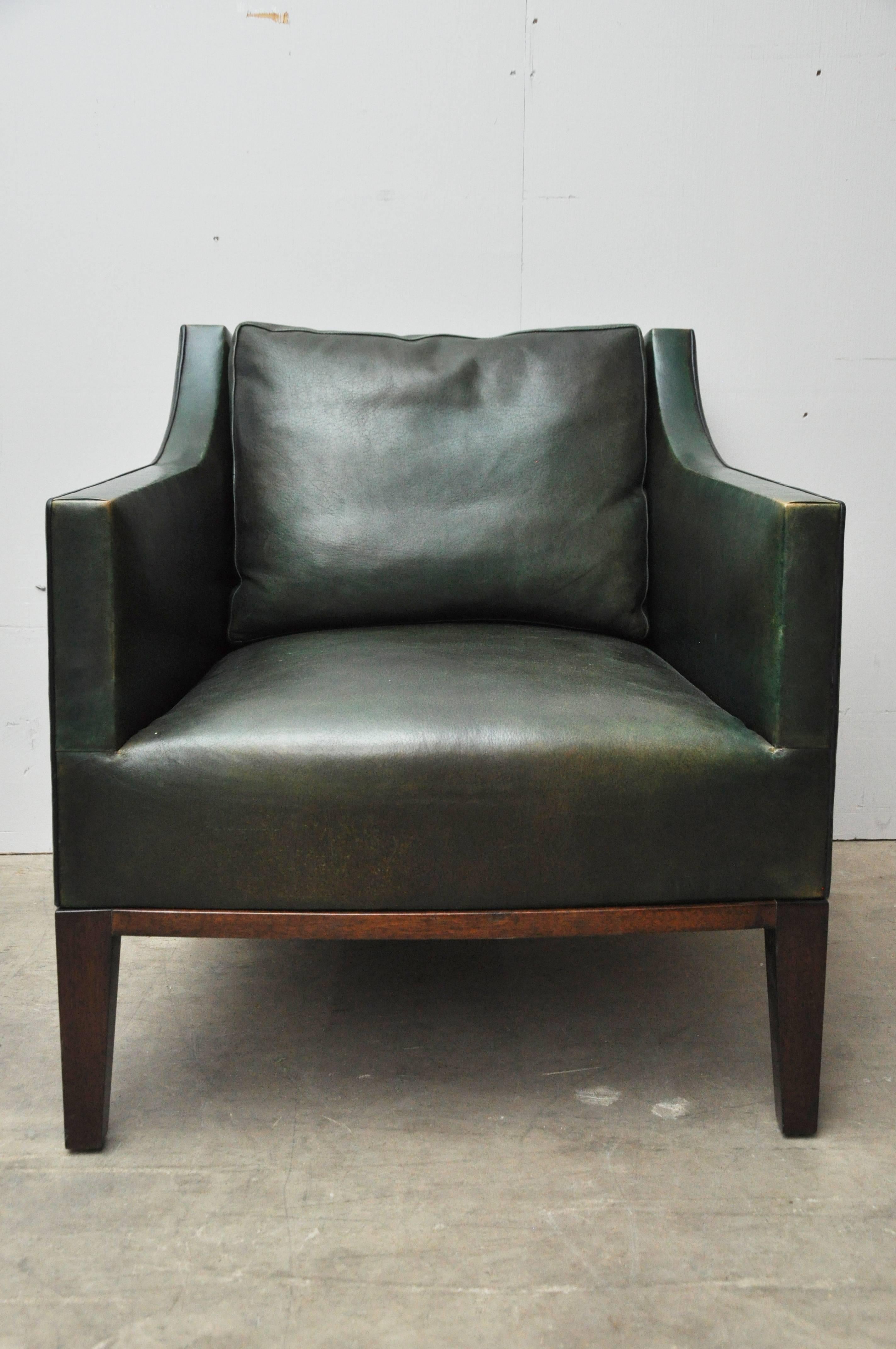 Sophisticated Dessin Fournir Lehigh chair manufactured by Gerard. There are four of these available upholstered in green leather. Seat height is 15.5