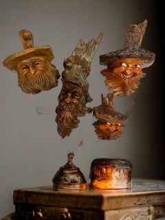 Set of 4 Detailed Wood Carving Alpine Gnome Dwarf Faces Austria Alps Folk Art