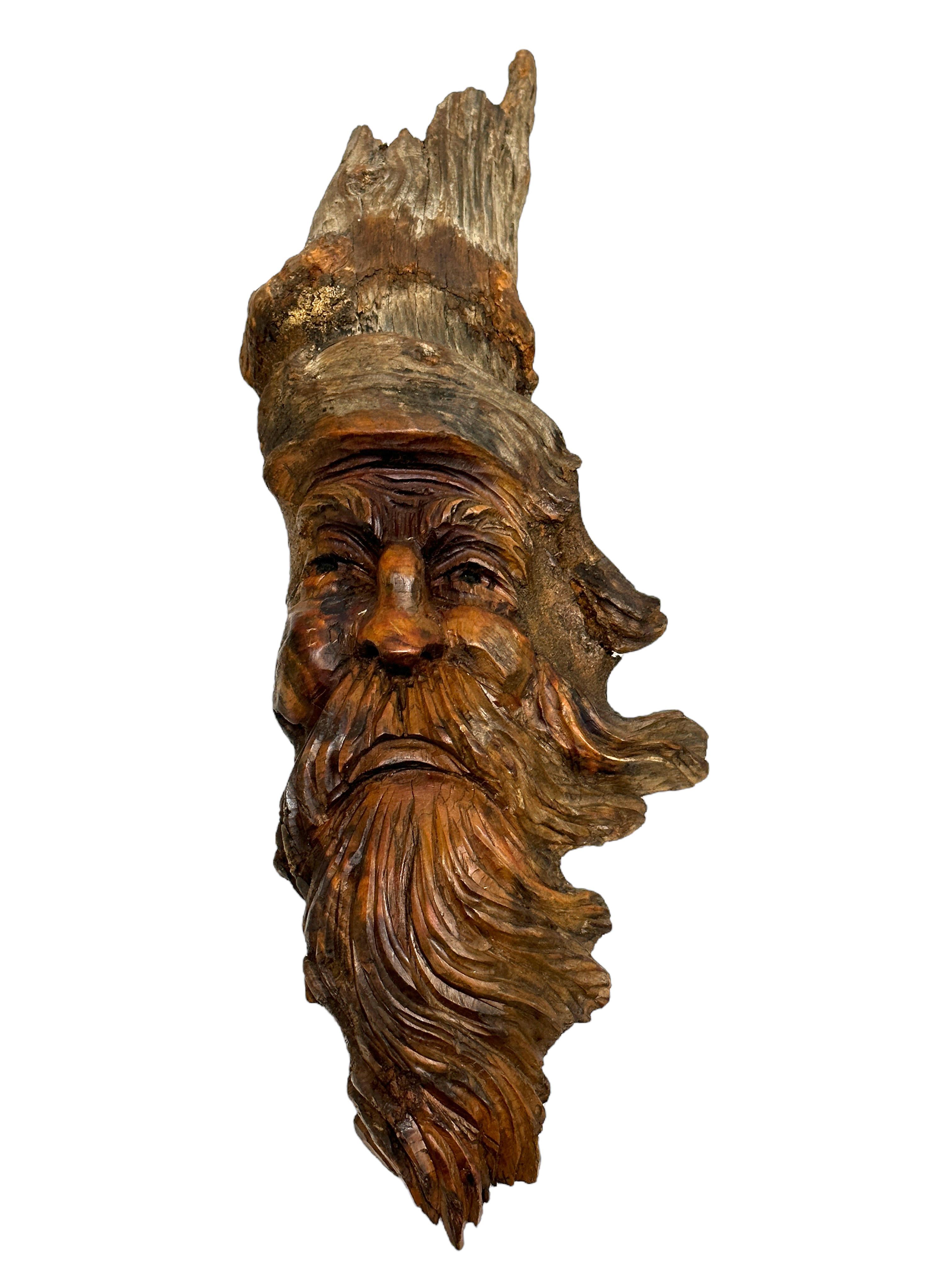 German Set of 4 Detailed Wood Carving Alpine Gnome Dwarf Faces Austria Alps Folk Art For Sale