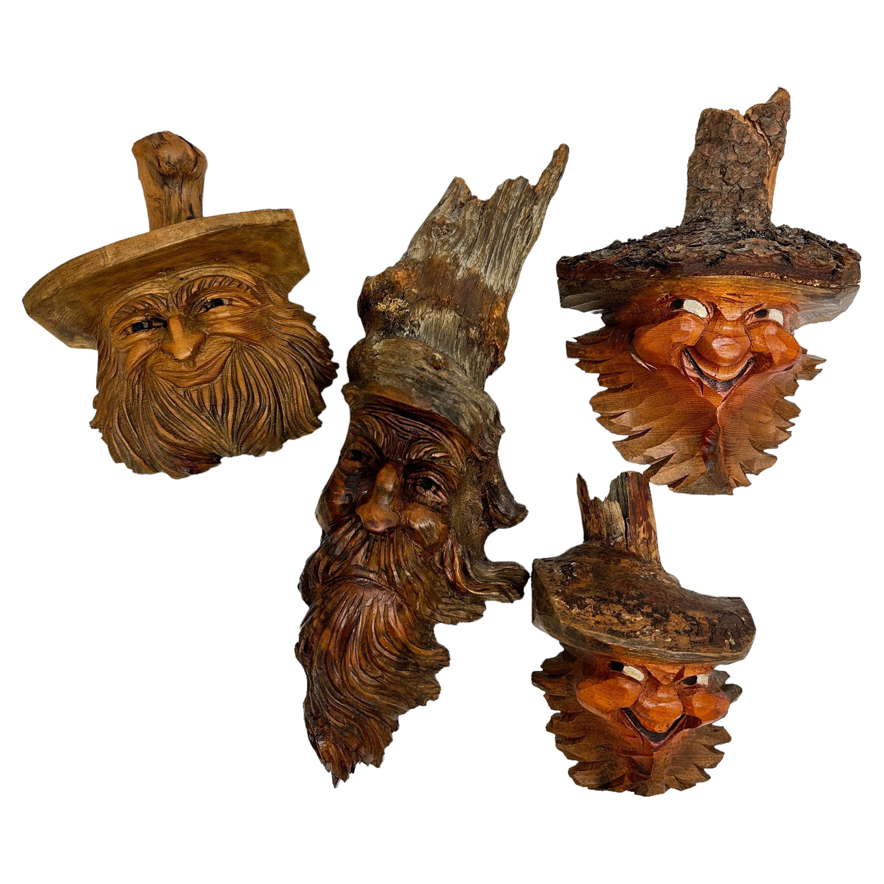 Set of 4 Detailed Wood Carving Alpine Gnome Dwarf Faces Austria Alps Folk Art For Sale