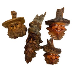 Set of 4 Detailed Wood Carving Alpine Gnome Dwarf Faces Austria Alps Folk Art