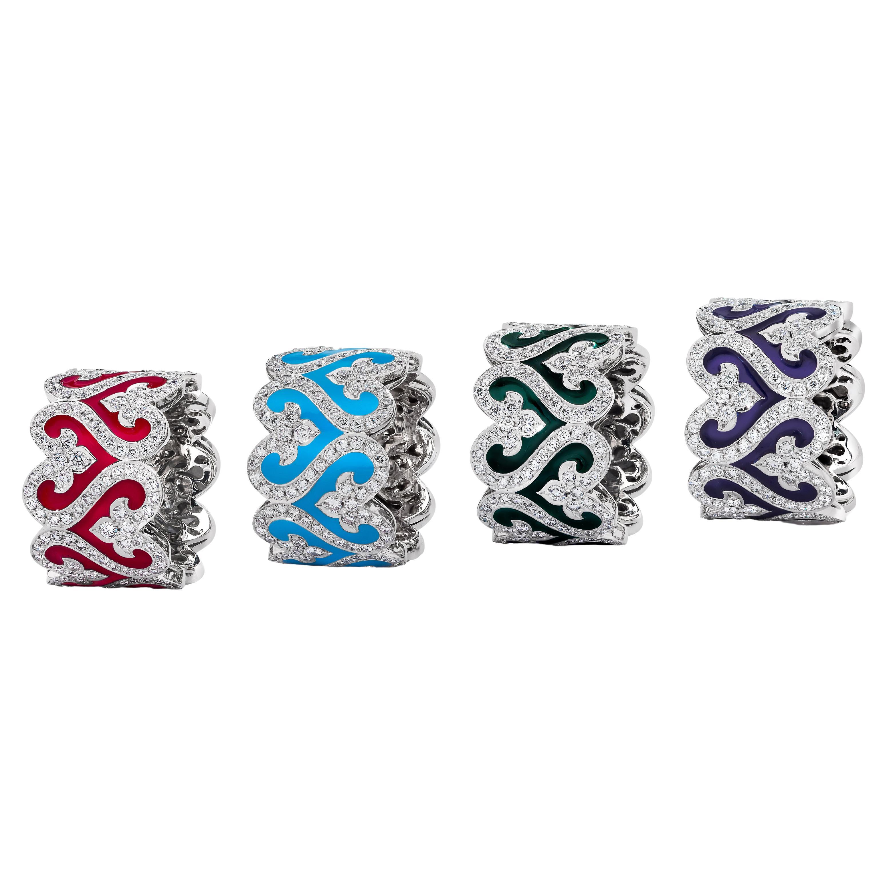 Set of 4 Diamond and Enamel Wide Band Rings For Sale