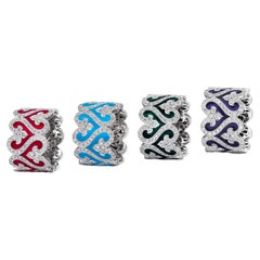 Set of 4 Diamond and Enamel Wide Band Rings