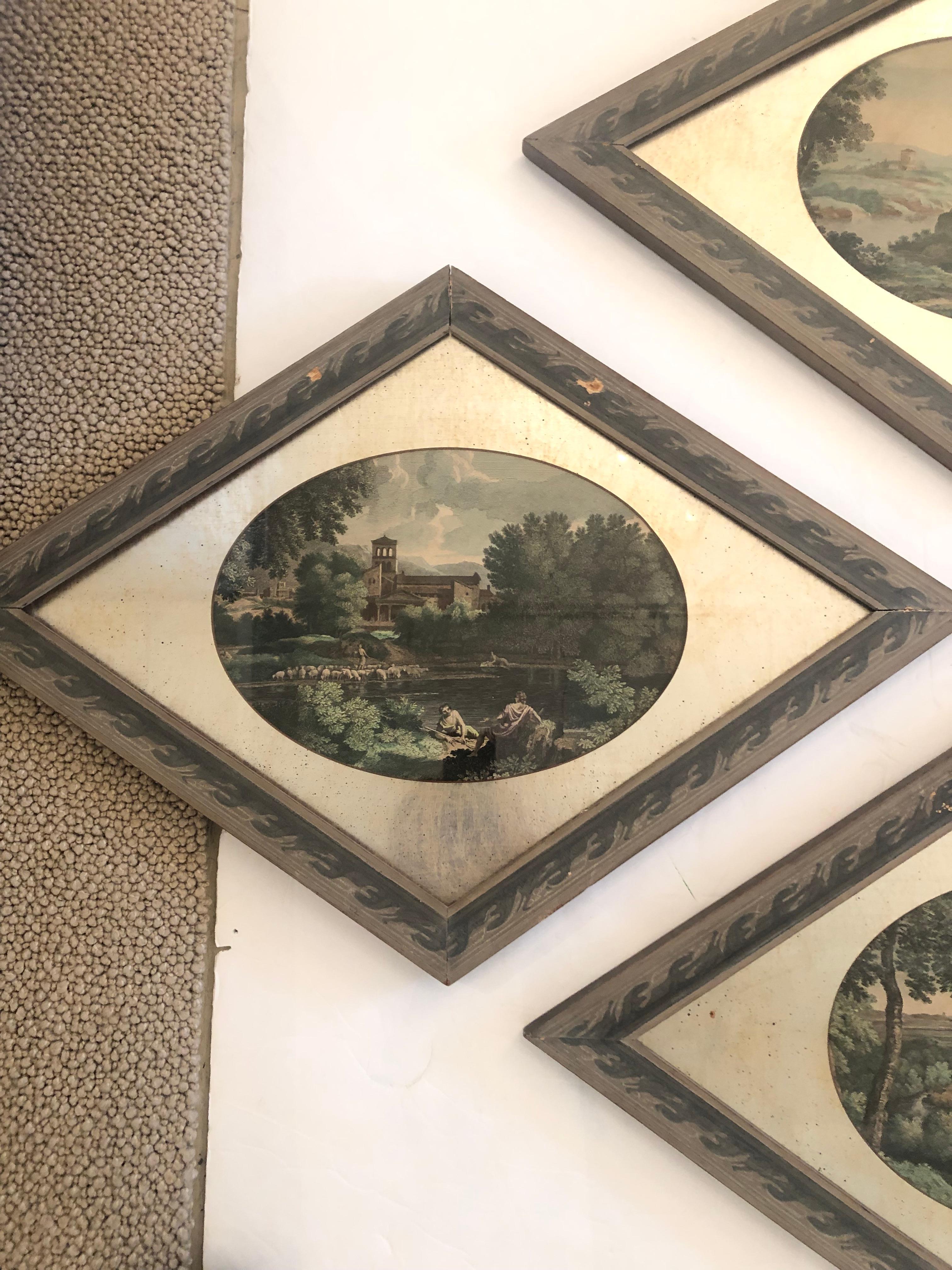 Set of 4 unusual diamond shaped prints having matte rustic wood frames and oval romantic Renaissance style landscapes with bathers and riders in bucolic settings. The matts are silver foil and quite striking.
Look great hung together or up and down