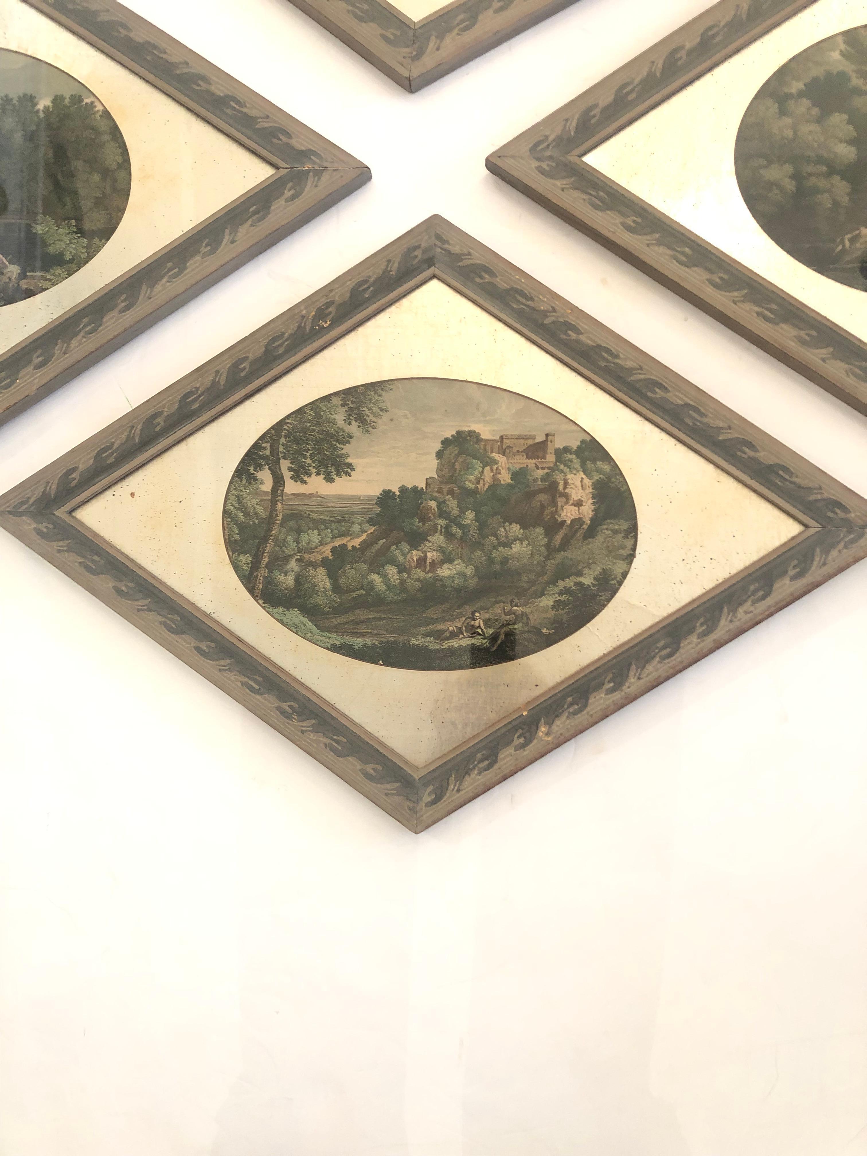 Set of 4 Diamond Shaped Framed Romantic Landscapes In Good Condition For Sale In Hopewell, NJ