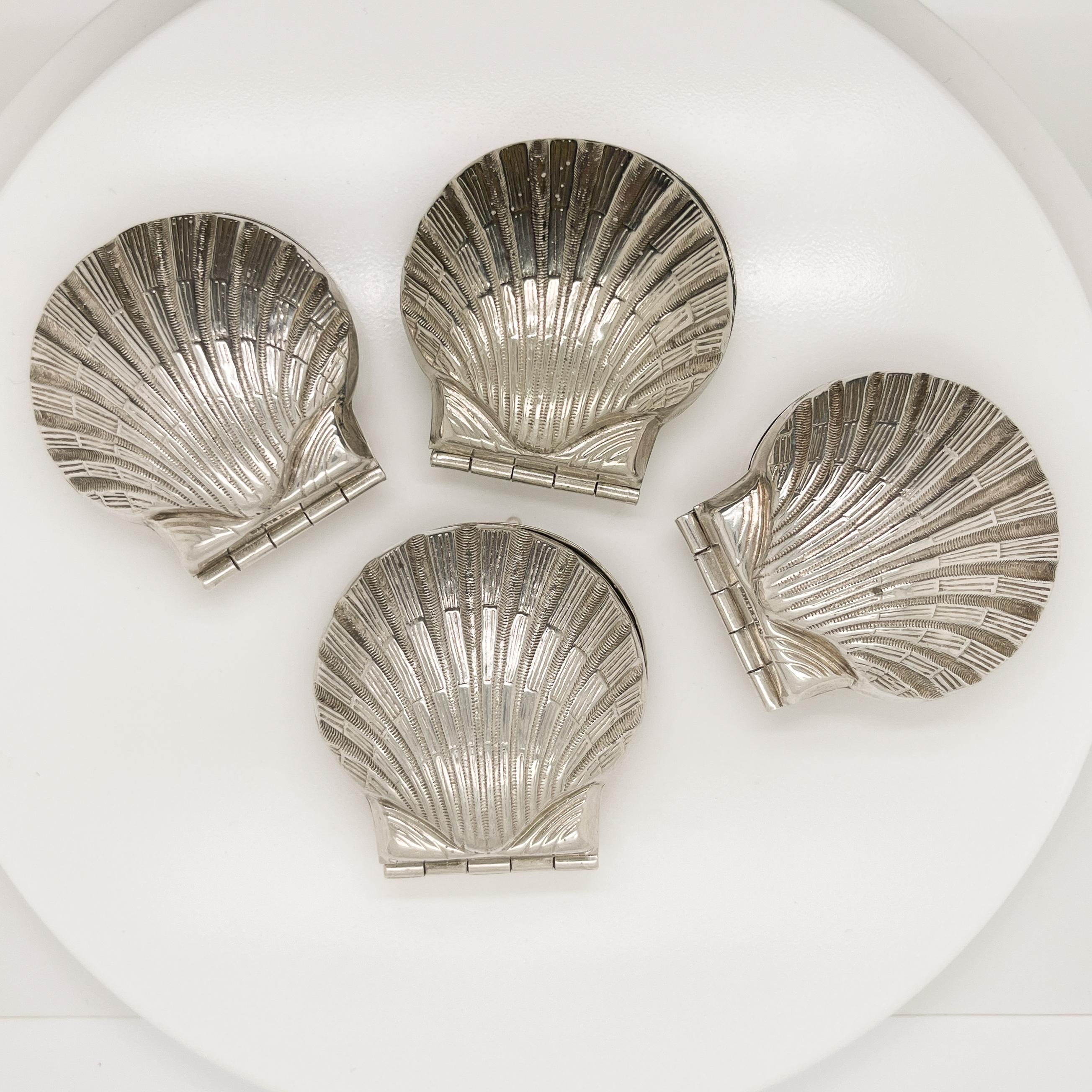 Modern Set of 4 Diminutive Scallop Shaped Sterling Silver Sea Shell Hinged Boxes
