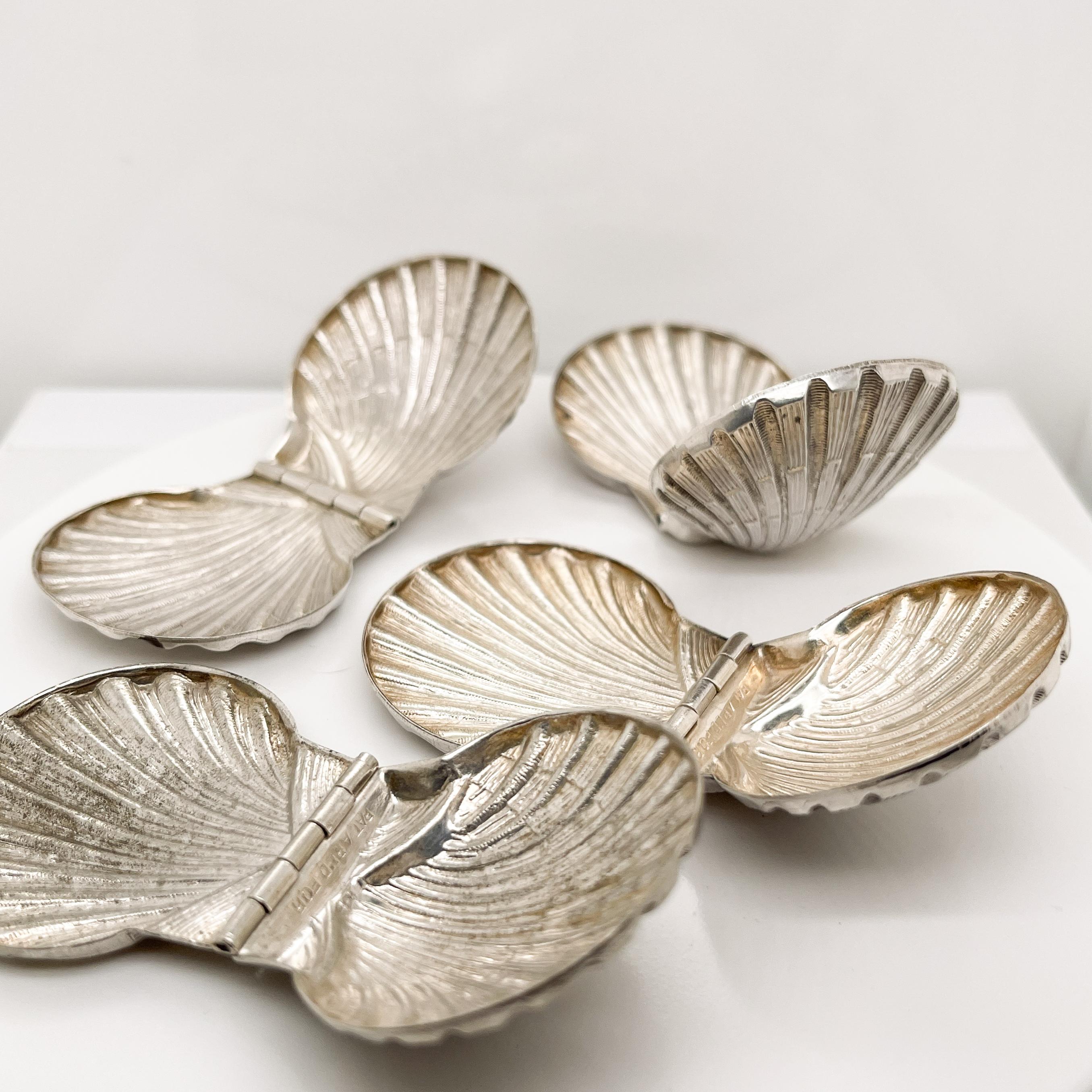 Women's or Men's Set of 4 Diminutive Scallop Shaped Sterling Silver Sea Shell Hinged Boxes