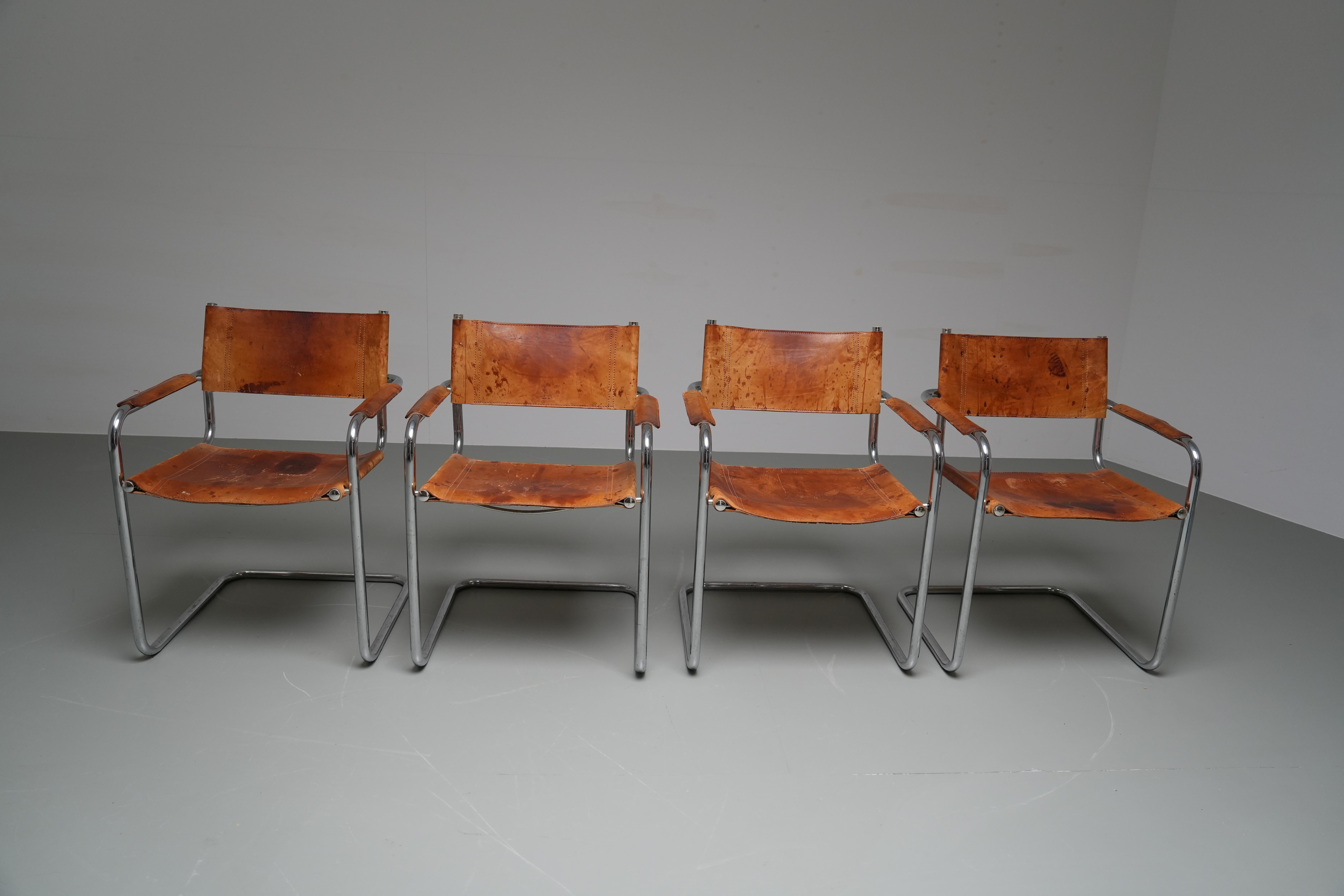Mid-Century Modern Set of 4 Dinging Chairs B 34 by Mart Stam in patinated leather, Italy, 1970's For Sale