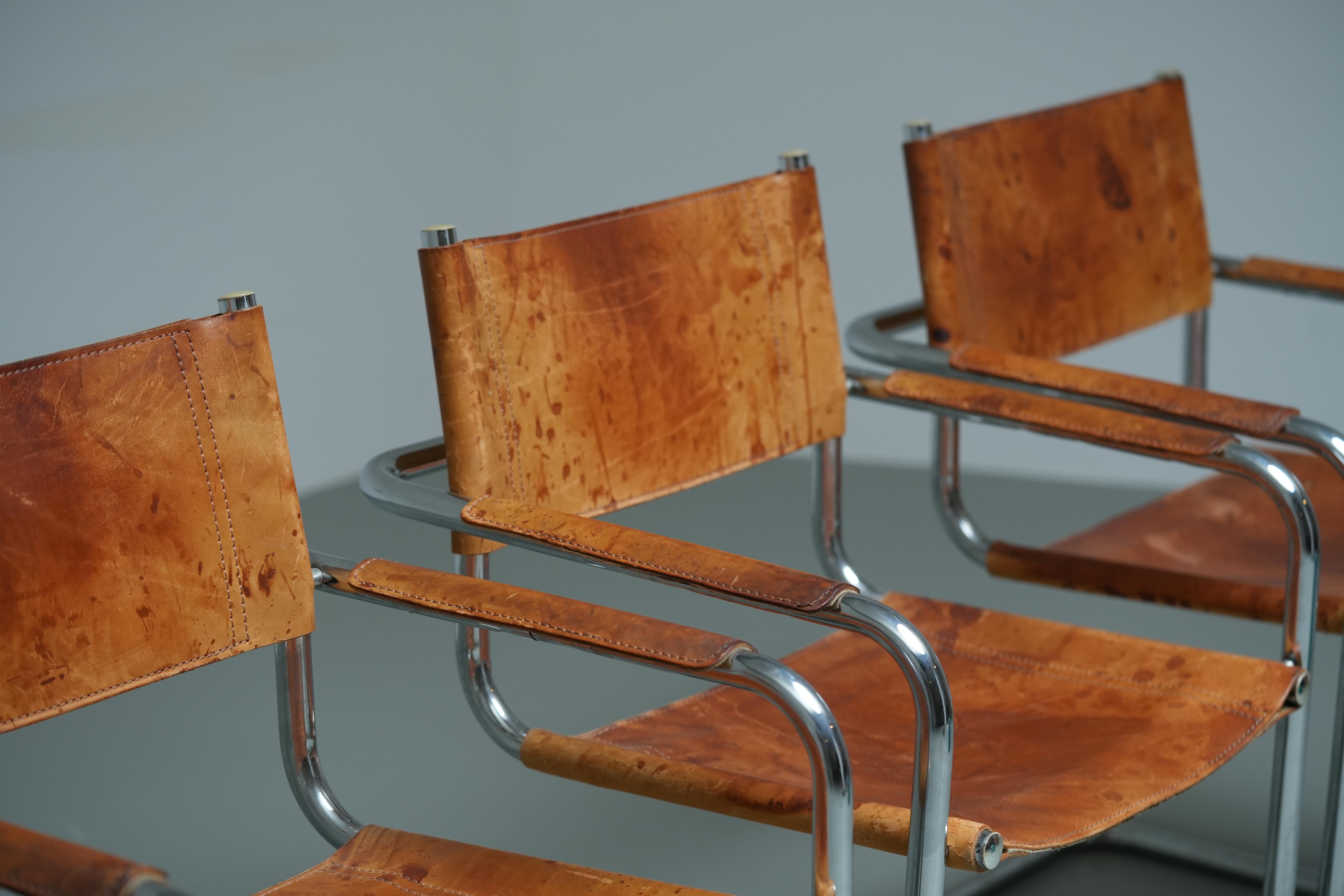 Italian Set of 4 Dinging Chairs B 34 by Mart Stam in patinated leather, Italy, 1970's For Sale