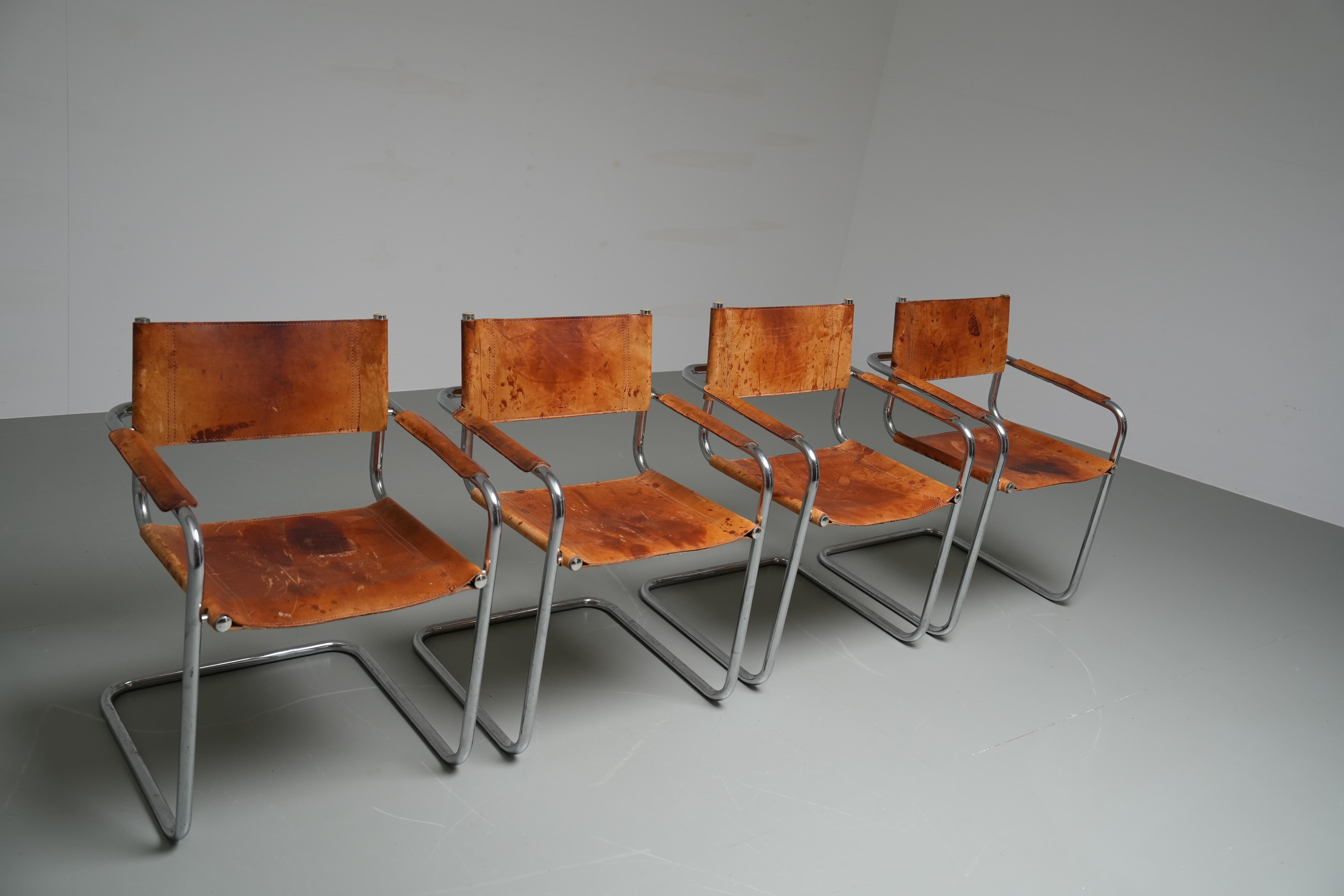 Leather Set of 4 Dinging Chairs B 34 by Mart Stam in patinated leather, Italy, 1970's For Sale