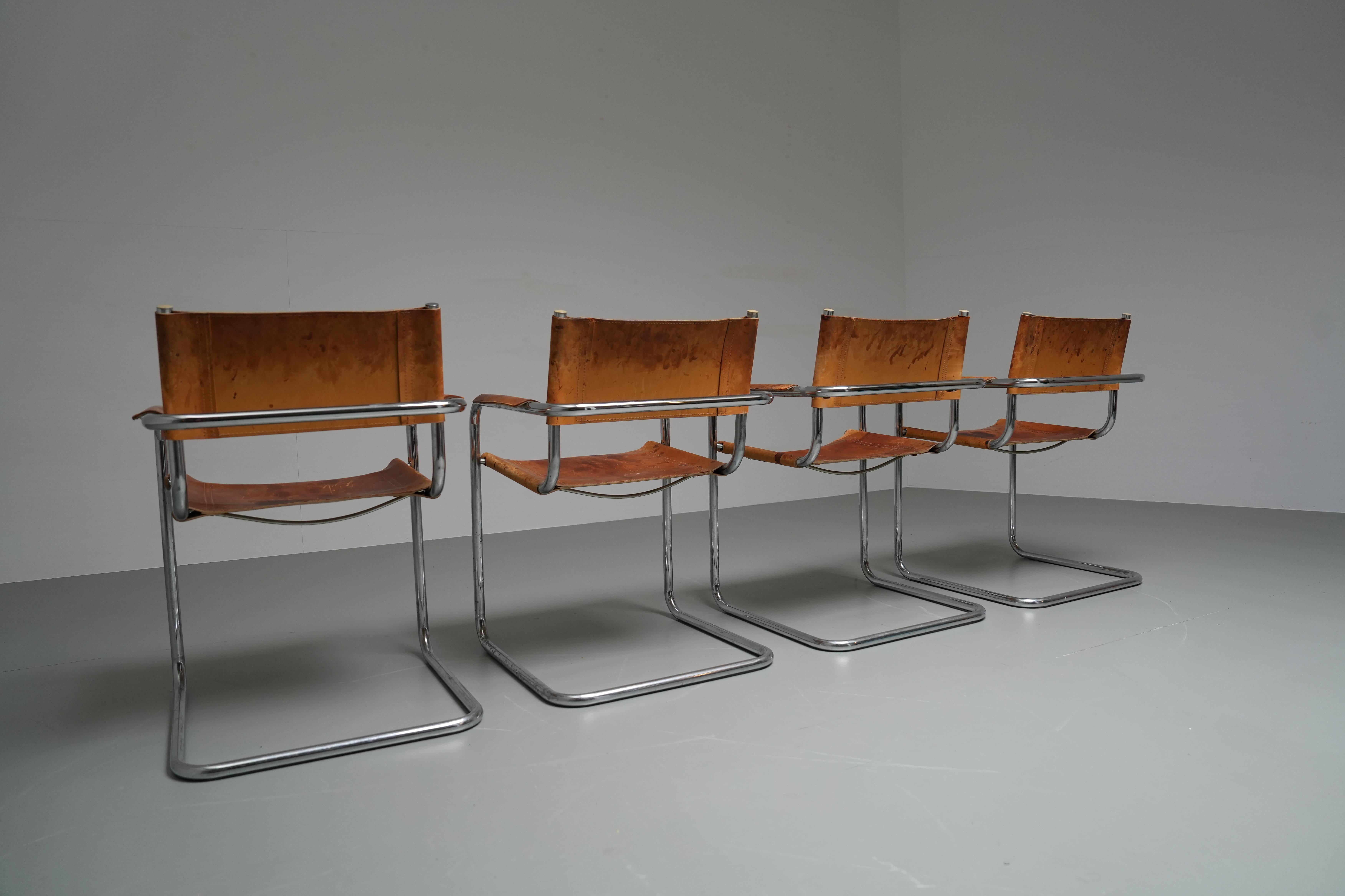 Set of 4 Dinging Chairs B 34 by Mart Stam in patinated leather, Italy, 1970's For Sale 2