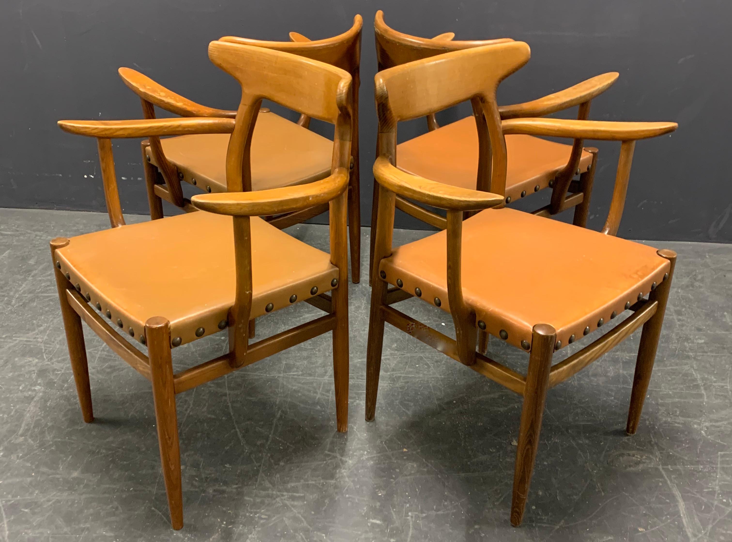 Leather Set of 4 Dining Armchairs from France